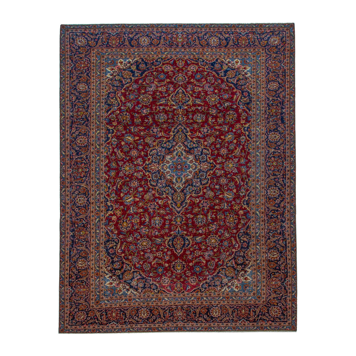 Persian Kashan oversized rug in deep red and dark blue, 8'4" x 11'2"