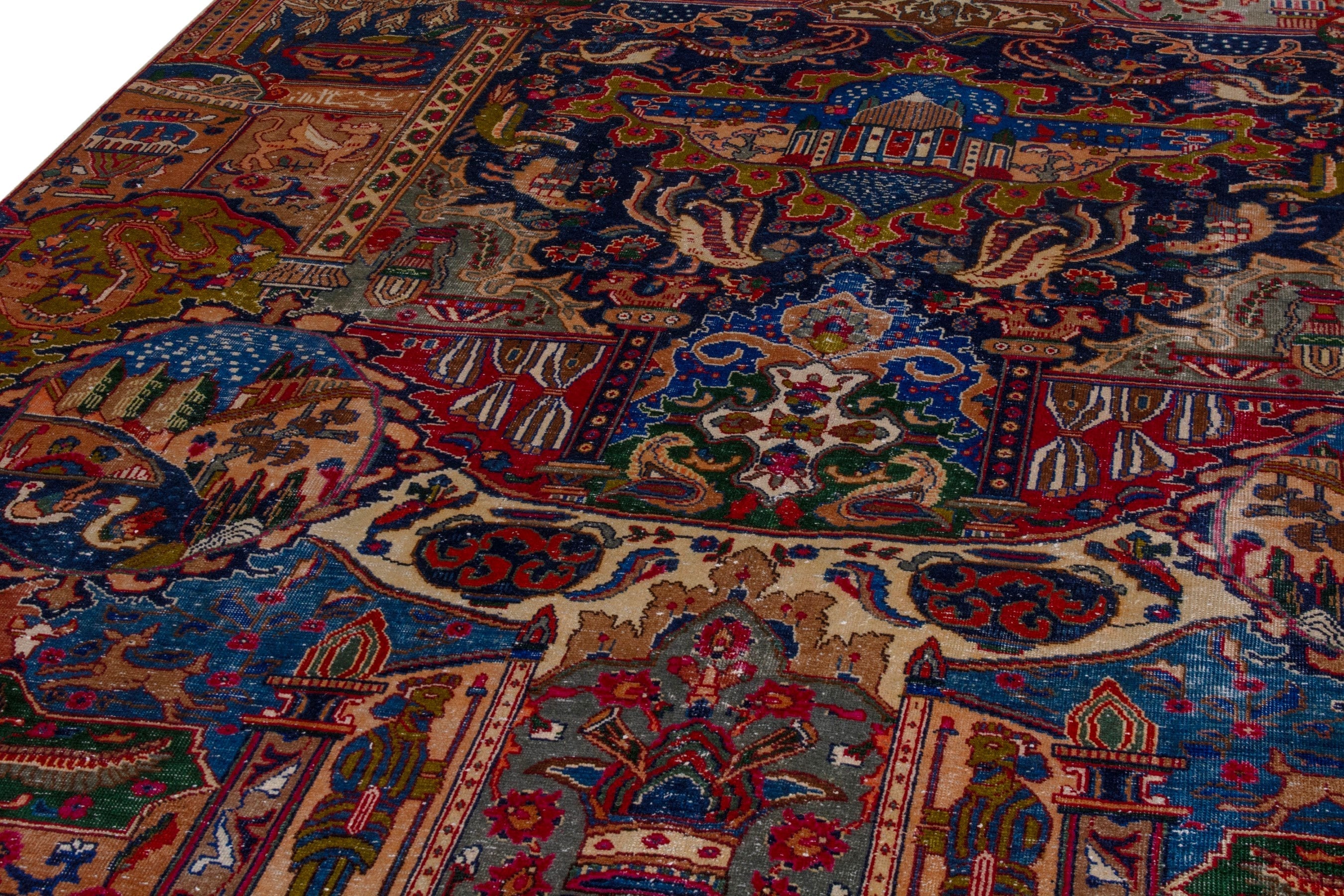 Persian Kashmar oversized rug in deep indigo and rust, view 9 of 28