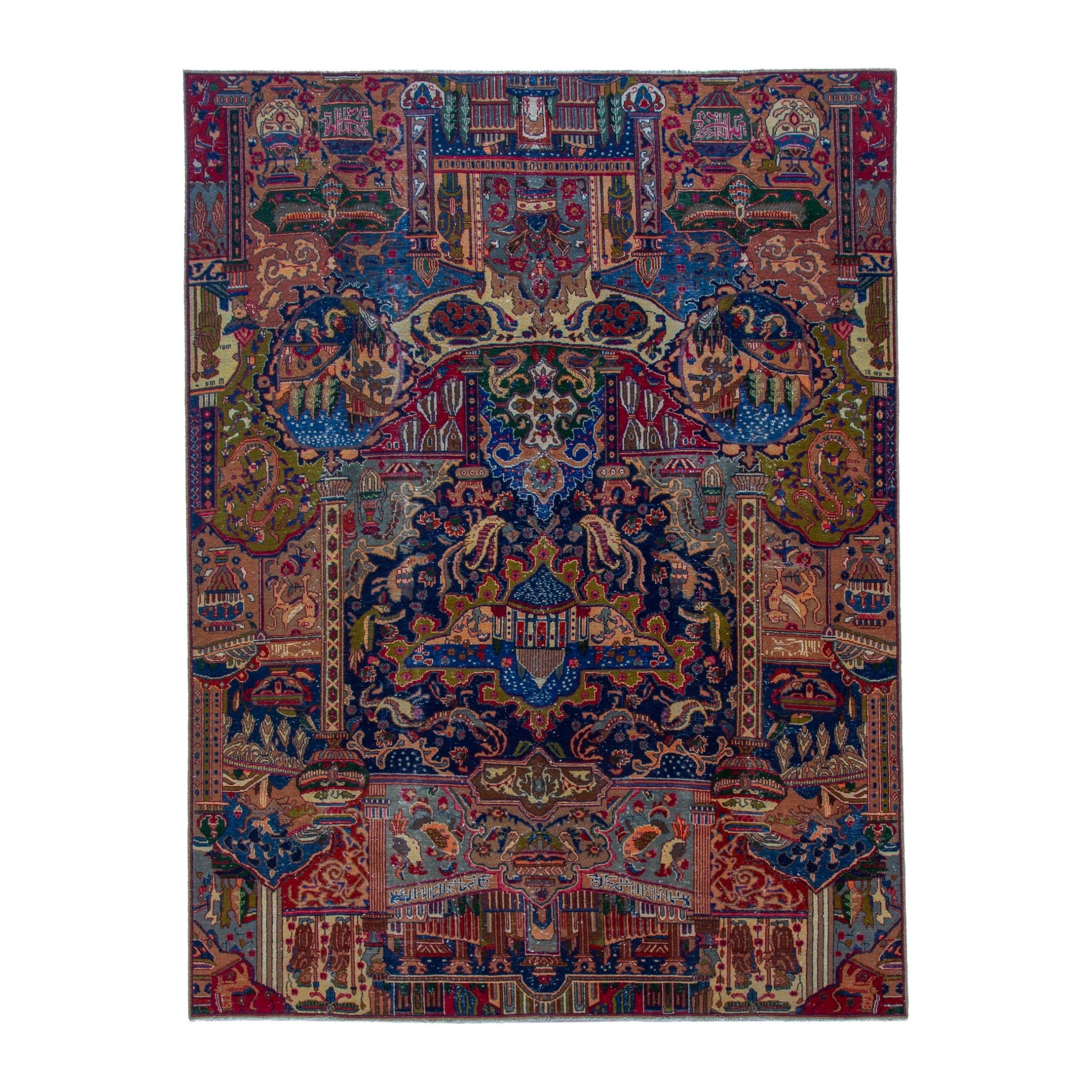Persian Kashmar oversized rug in deep indigo and rust, 8'4" x 11'