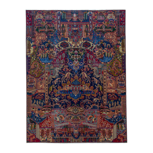Persian Kashmar oversized rug in deep indigo and rust, 8'4" x 11'