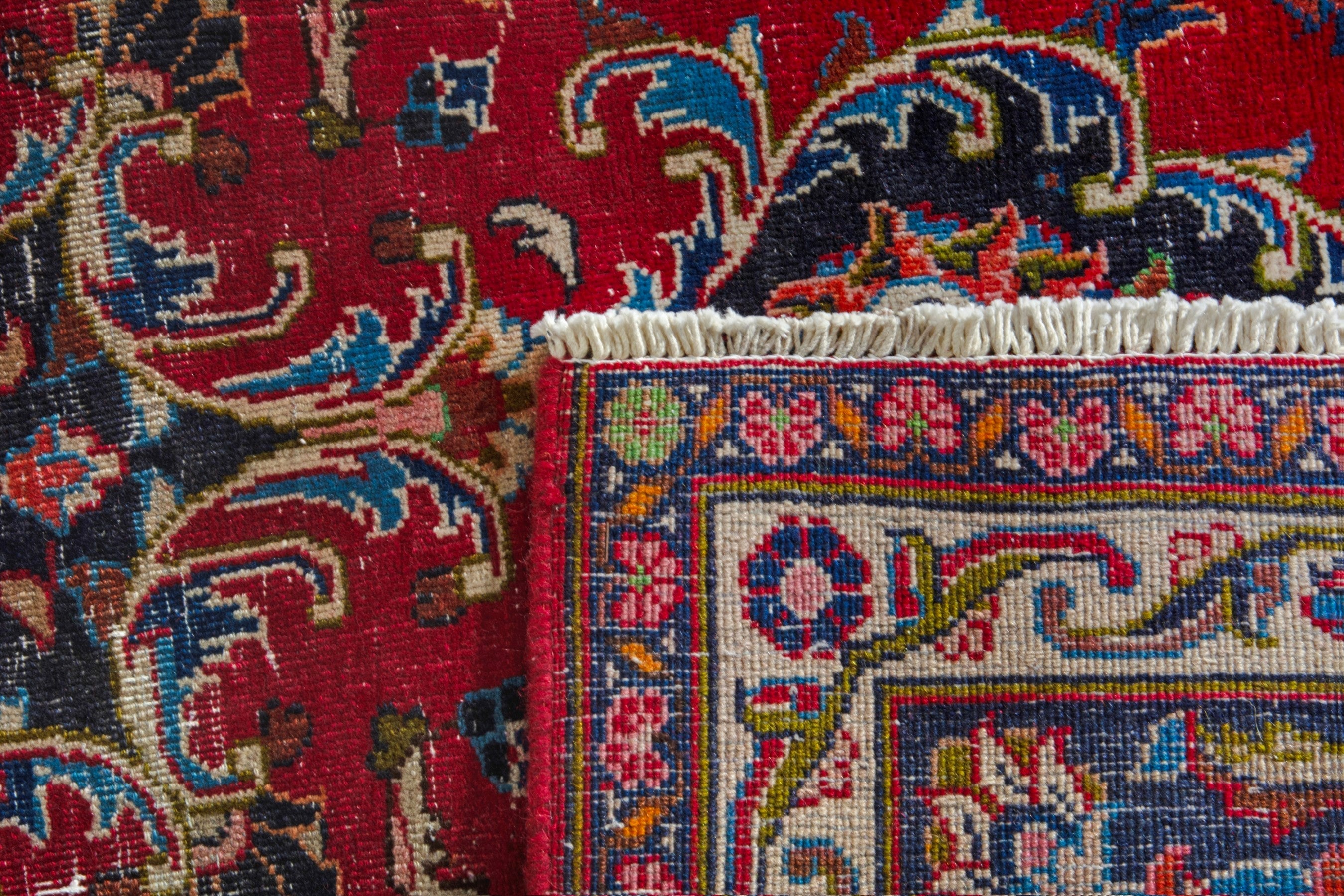 Persian Mashhad oversized rug in deep red and dark brown, view 19 of 19