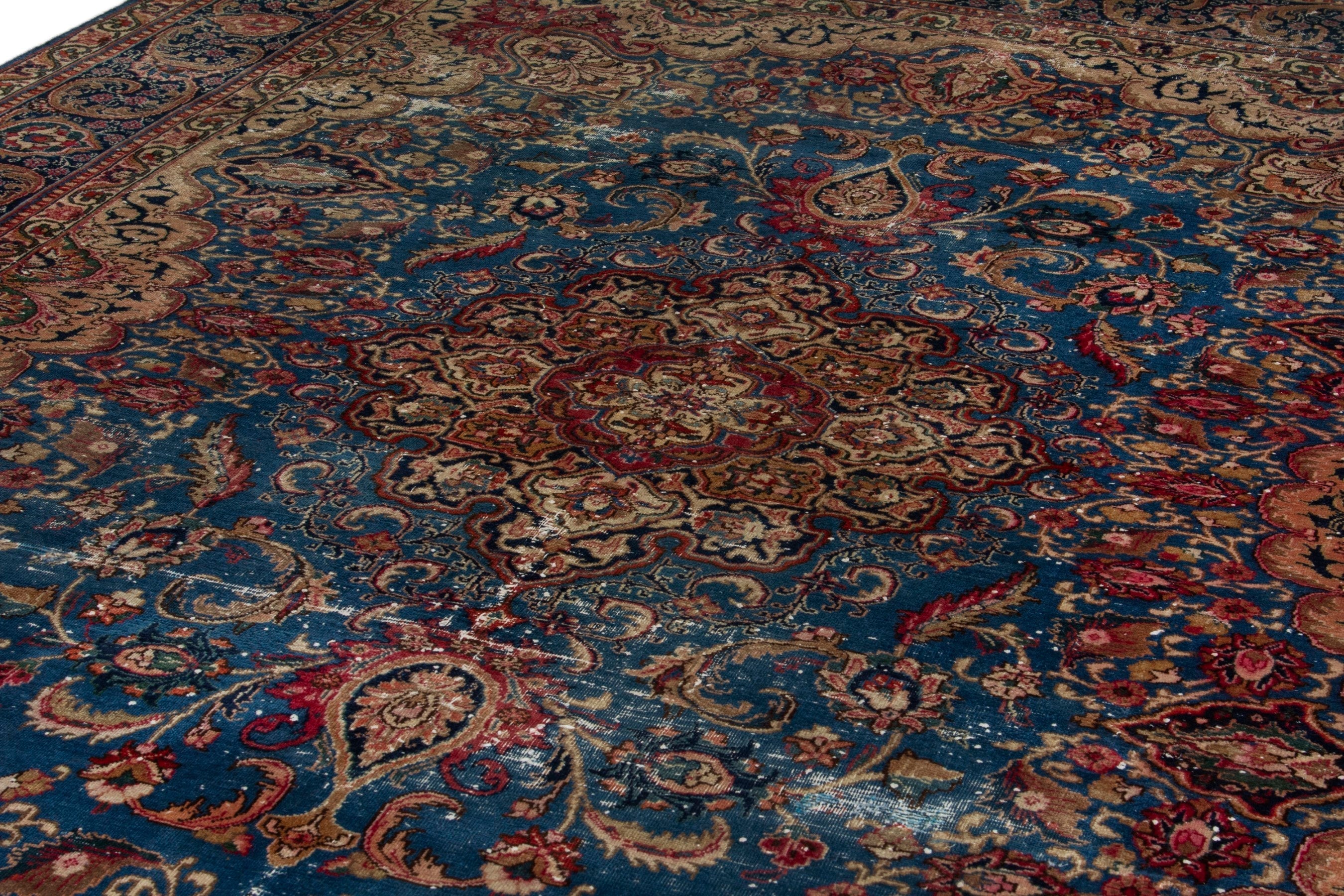 Persian Kashmar oversized rug in dark blue and burgundy, view 8 of 20