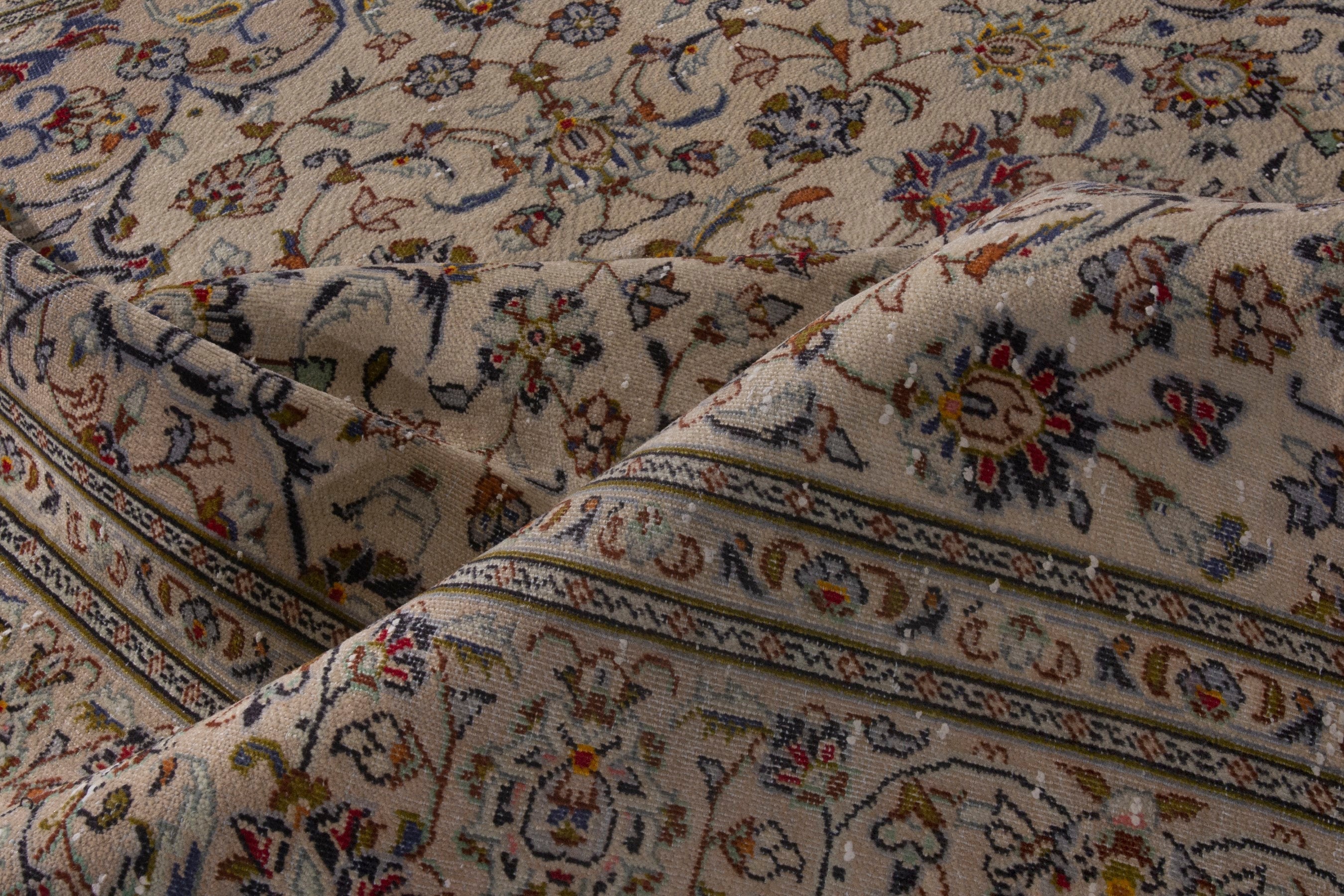 Persian Kashan area rug in cream and faded red, view 17 of 19