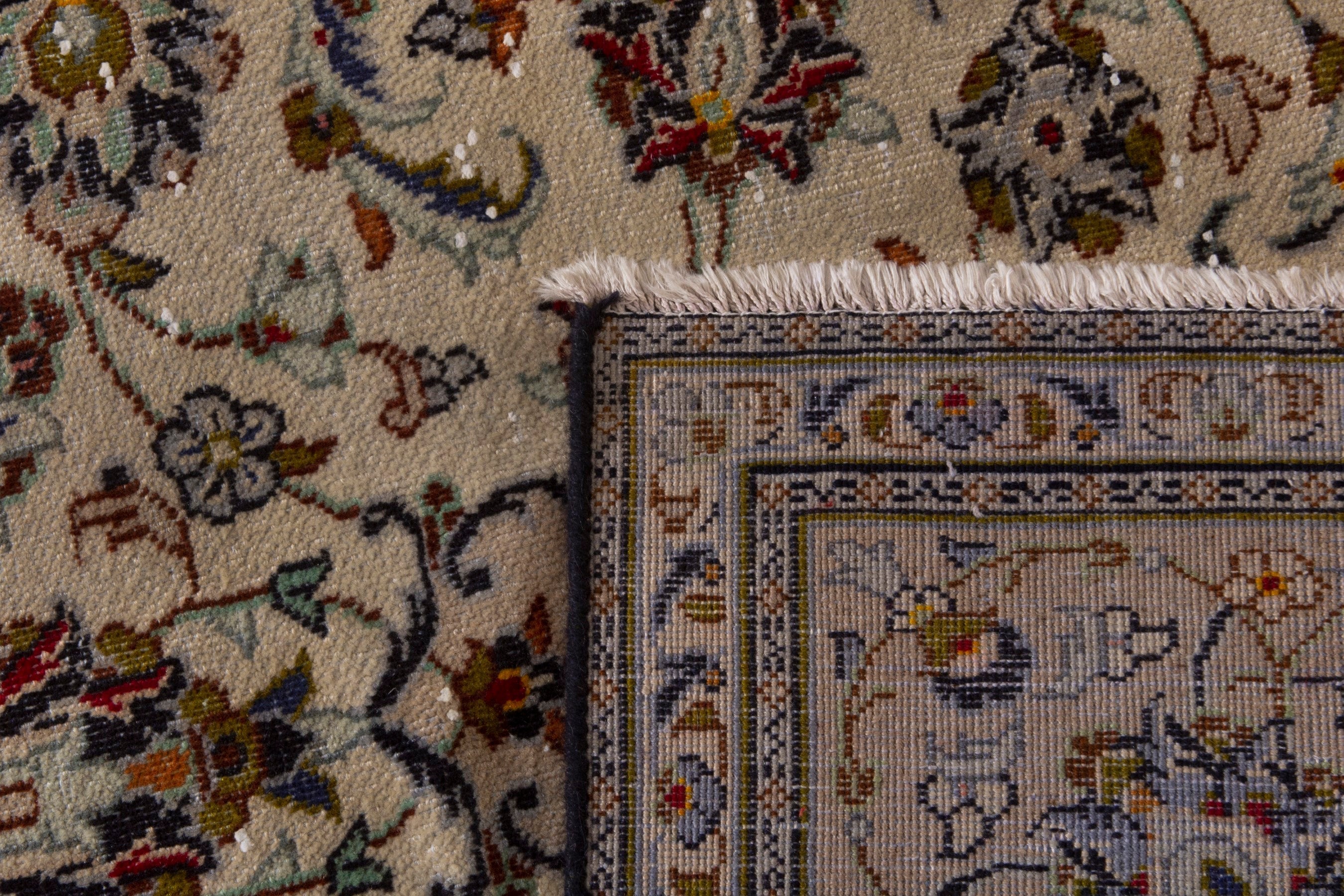 Persian Kashan area rug in cream and faded red, view 19 of 19