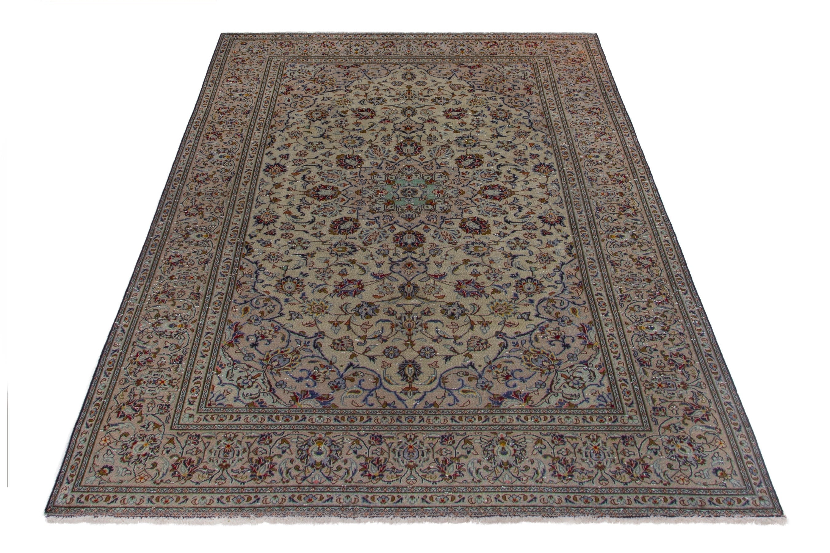 Persian Kashan area rug in cream and faded red, view 3 of 19