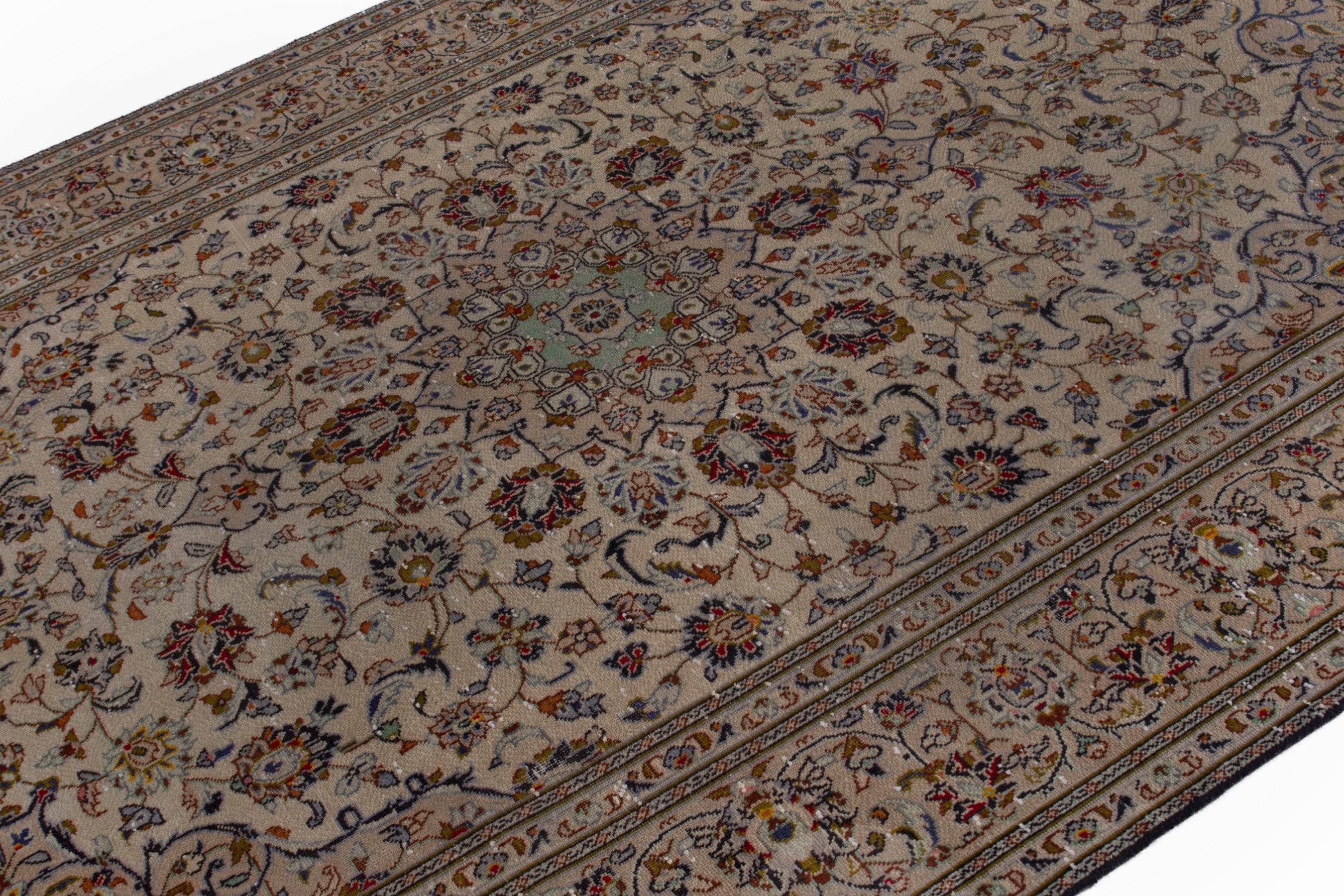 Persian Kashan area rug in cream and faded red, view 4 of 19