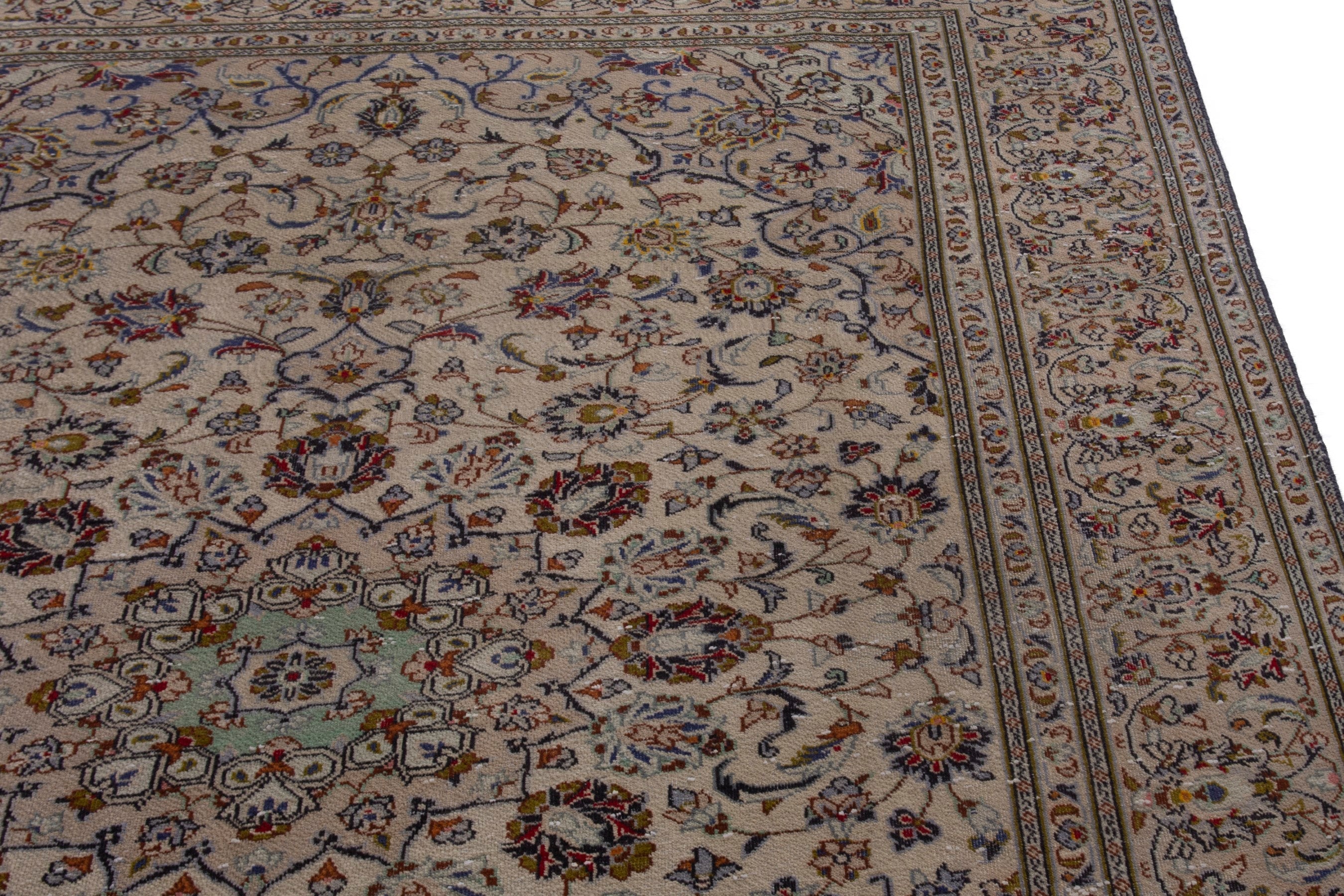 Persian Kashan area rug in cream and faded red, view 8 of 19