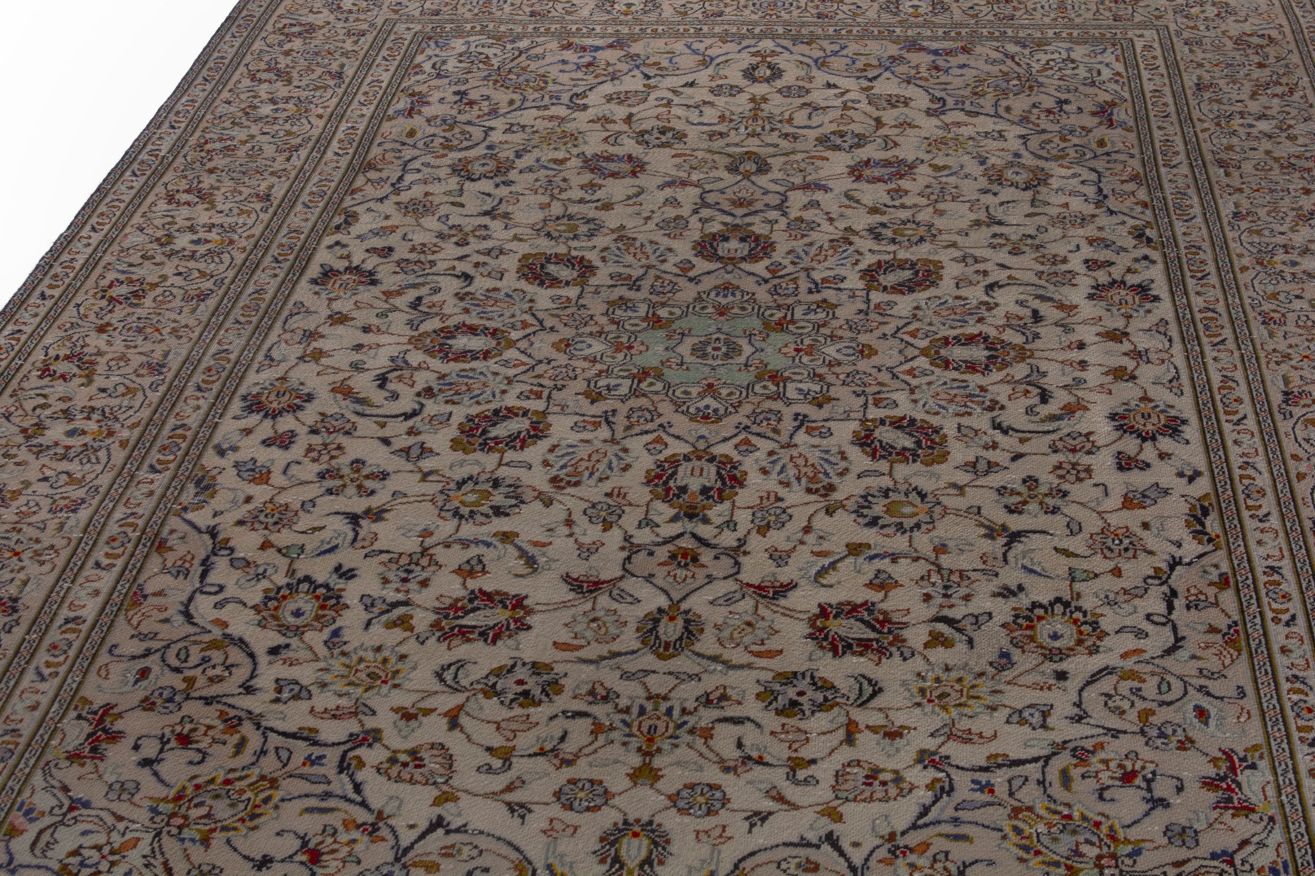 Persian Kashan area rug in cream and faded red, view 6 of 19