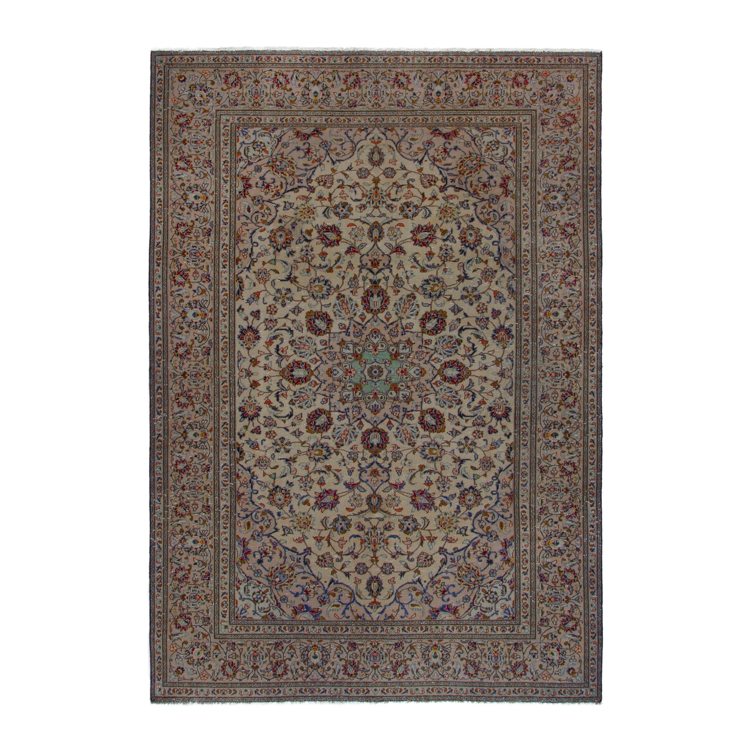 Persian Kashan area rug in cream and faded red, 6'8" x 9'5"