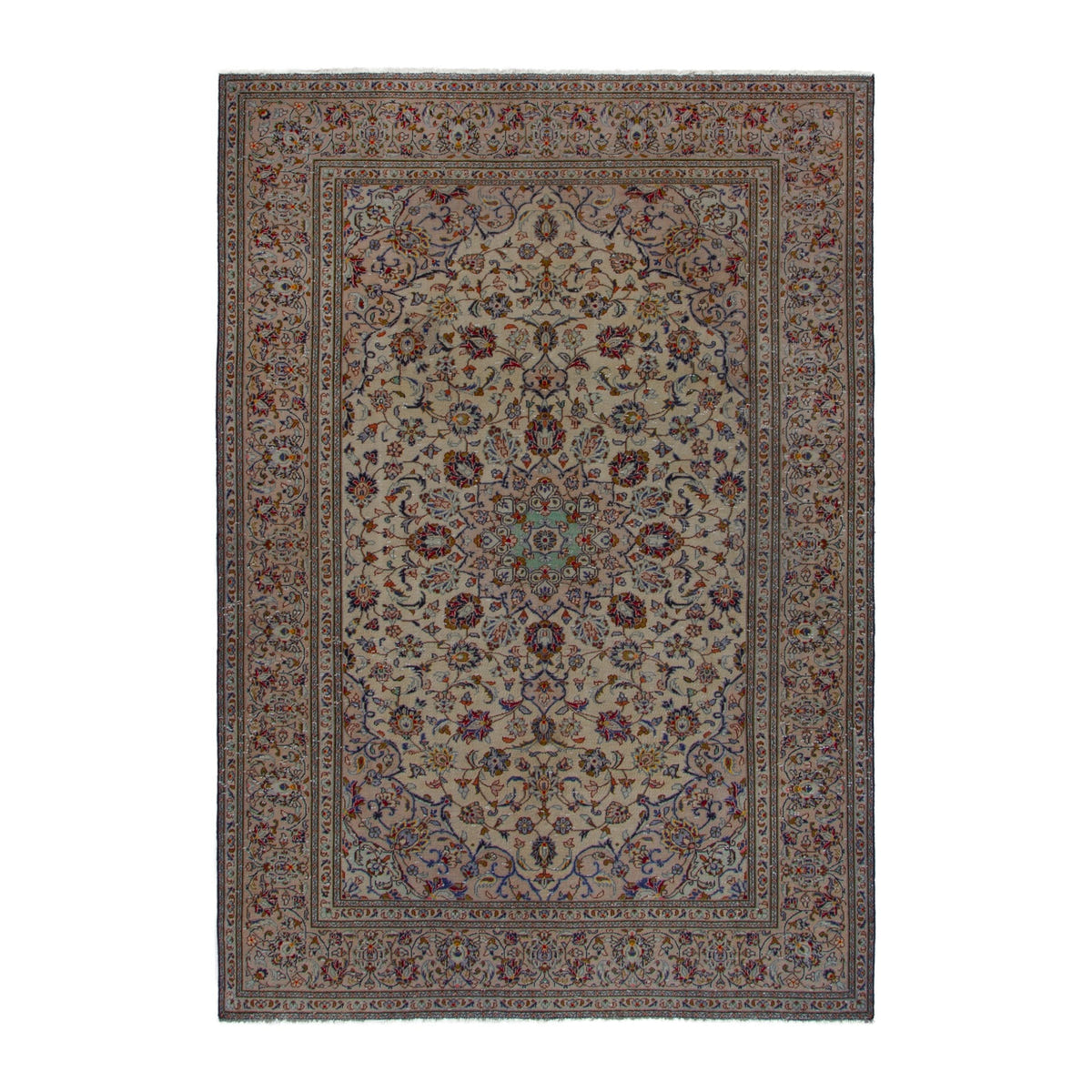 Persian Kashan area rug in cream and faded red, 6'8" x 9'5"