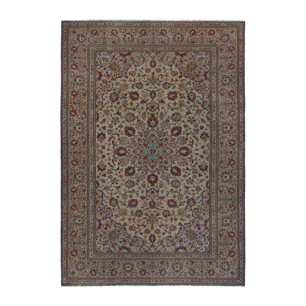 Persian Kashan area rug in cream and faded red, 6'8" x 9'5"