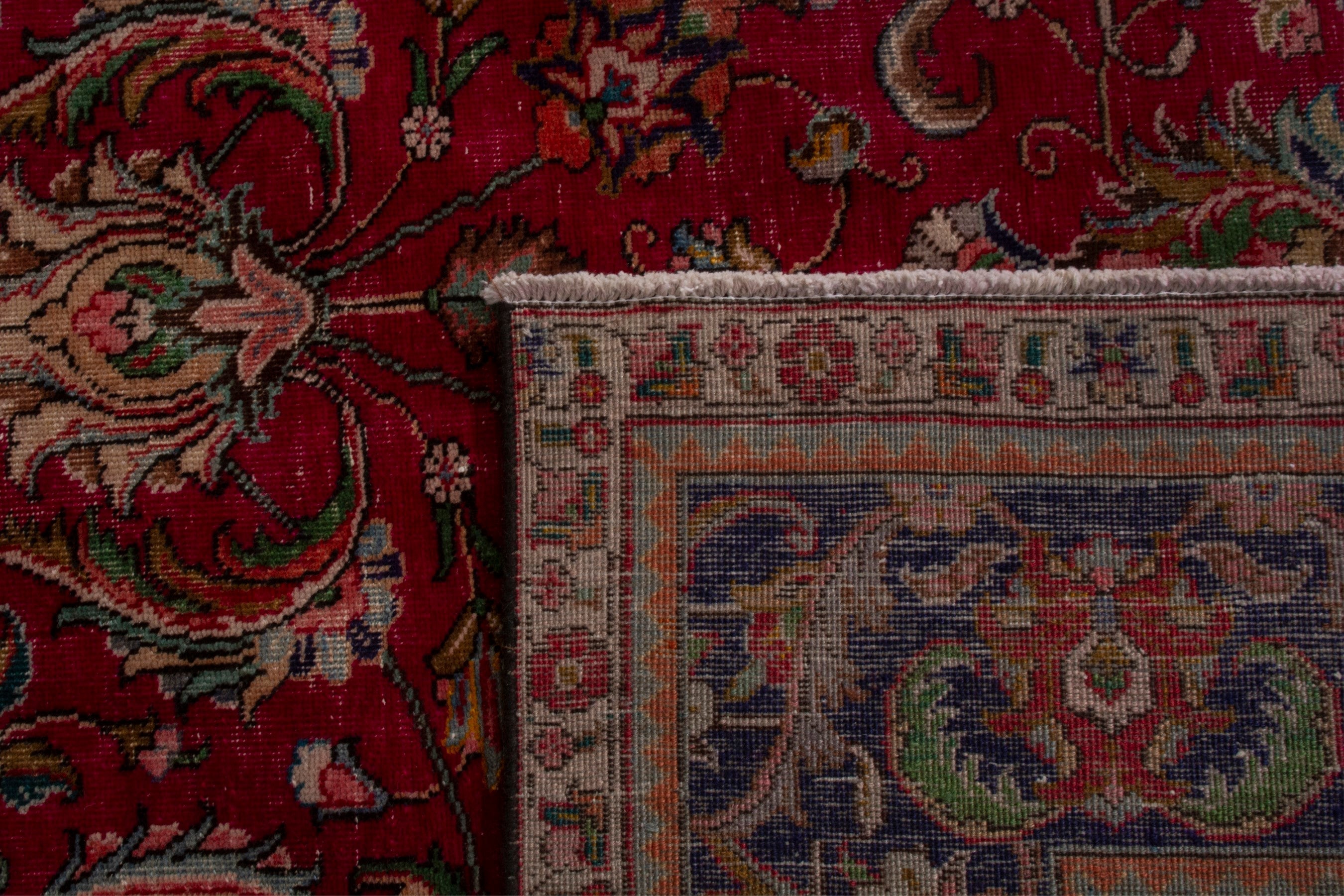 Persian Tabriz oversized rug in deep red and dark blue, view 20 of 20