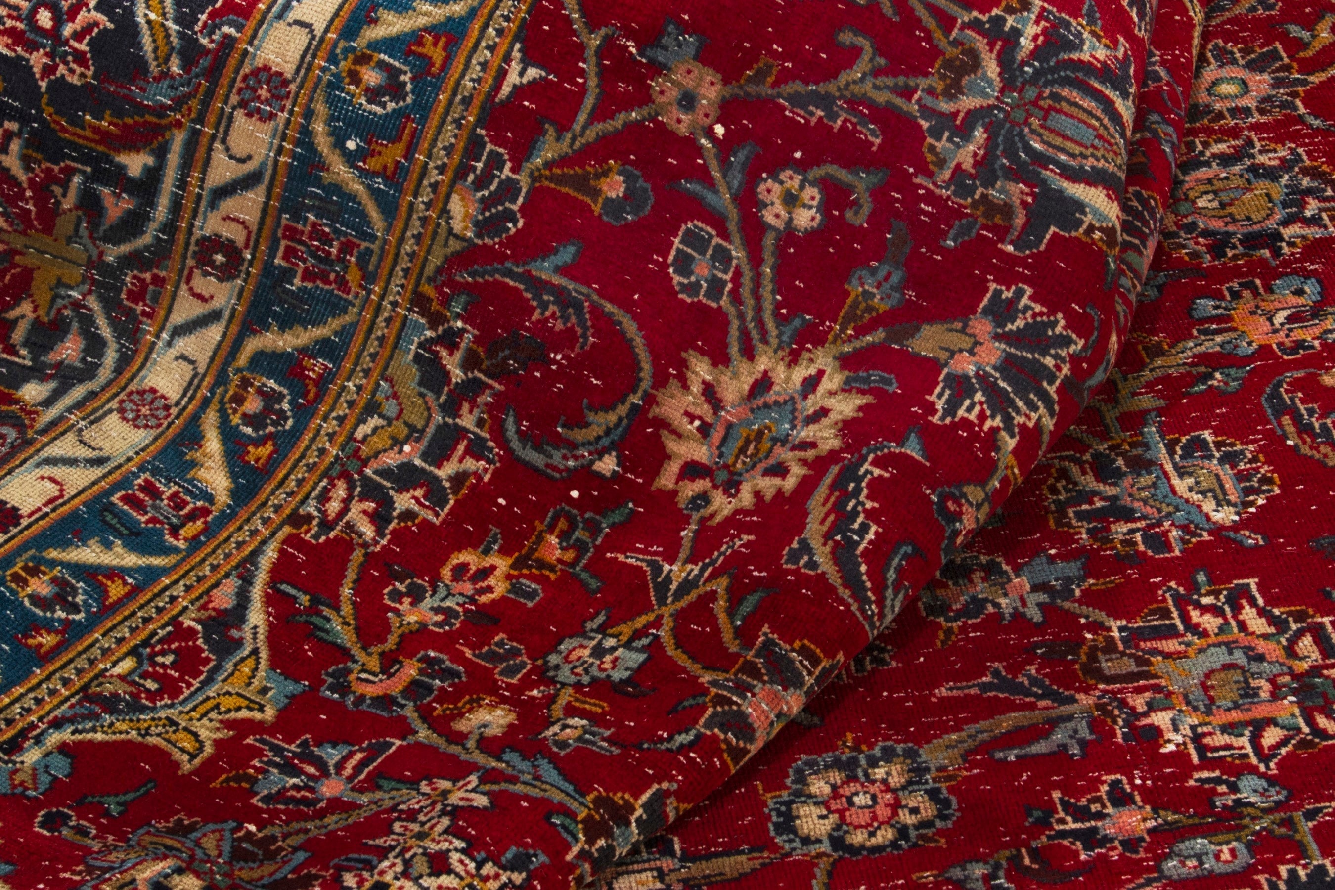 Persian Kashan oversized rug in deep red and dark blue, view 16 of 18