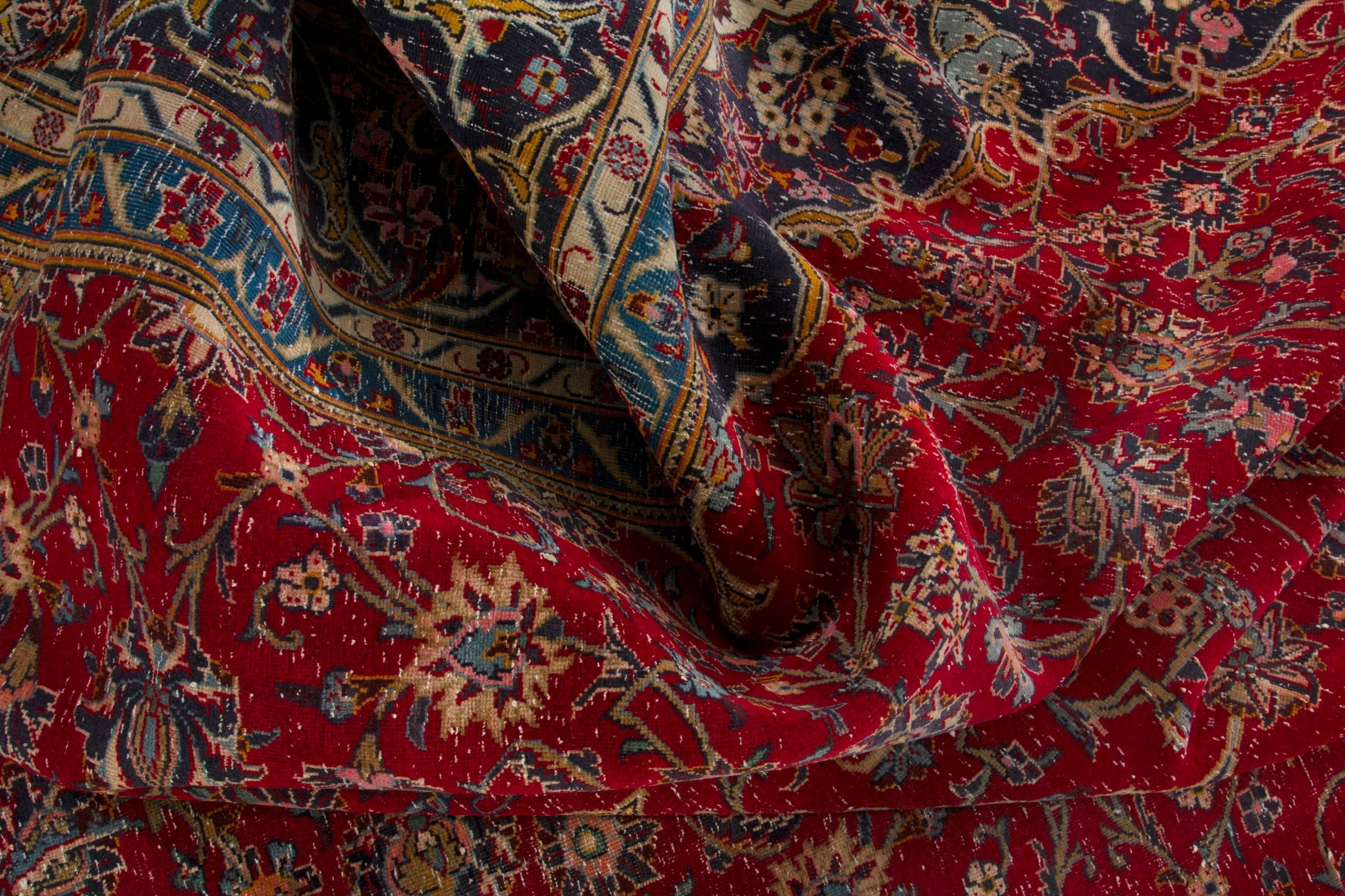 Persian Kashan oversized rug in deep red and dark blue, view 17 of 18