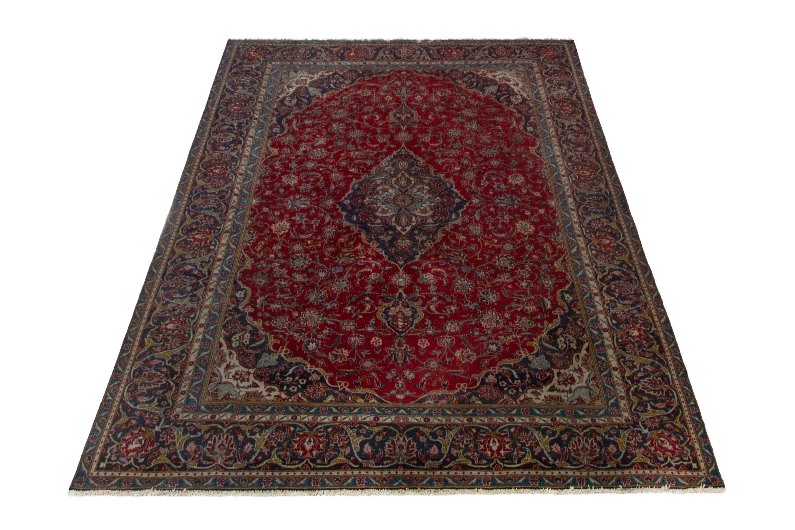 Persian Kashan oversized rug in deep red and dark blue, view 3 of 18