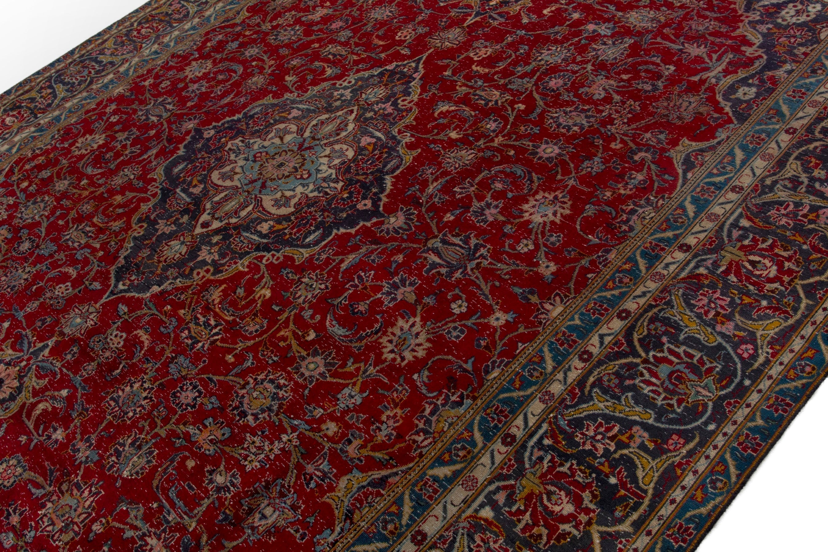 Persian Kashan oversized rug in deep red and dark blue, view 4 of 18