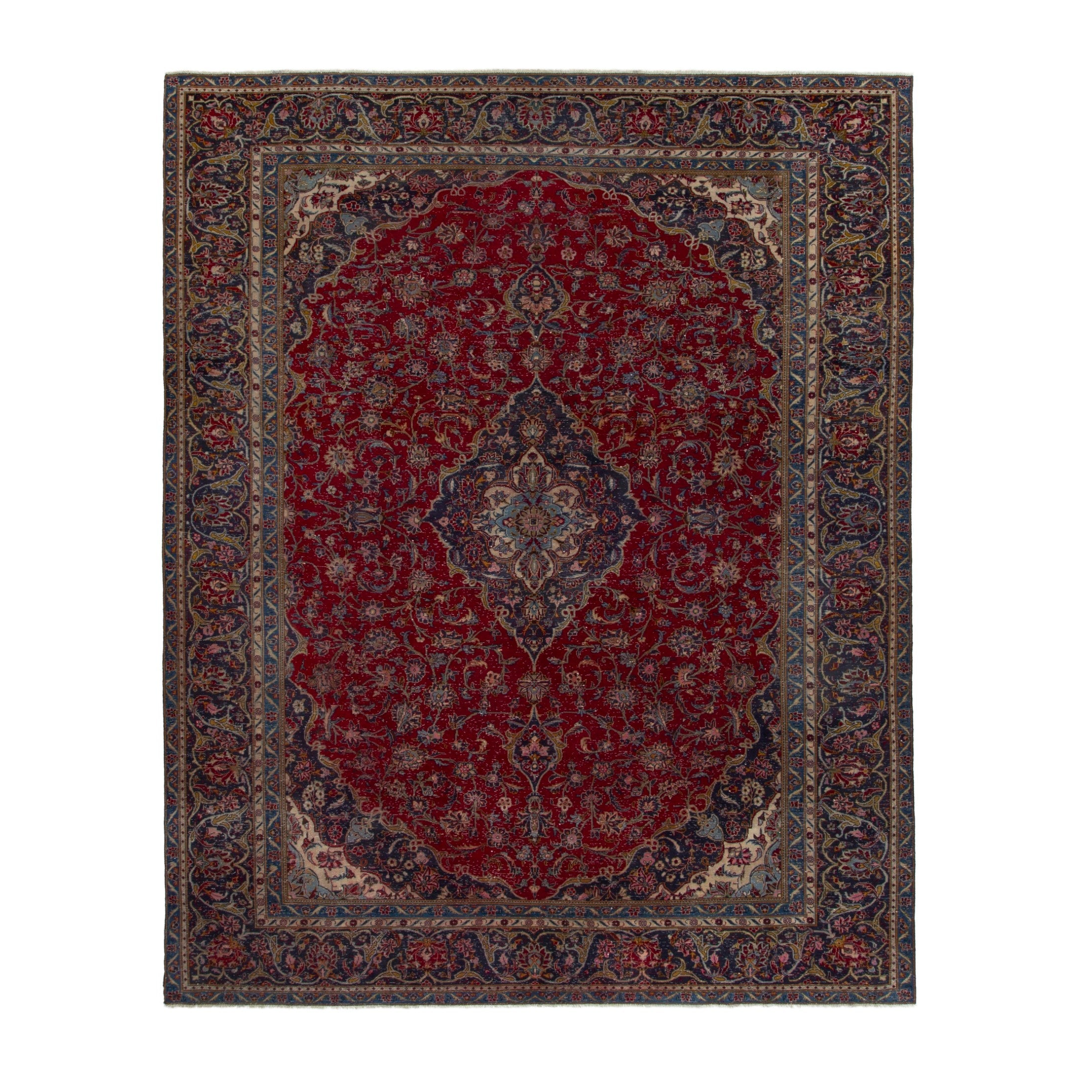 Persian Kashan oversized rug in deep red and dark blue, 9'4" x 12'2"
