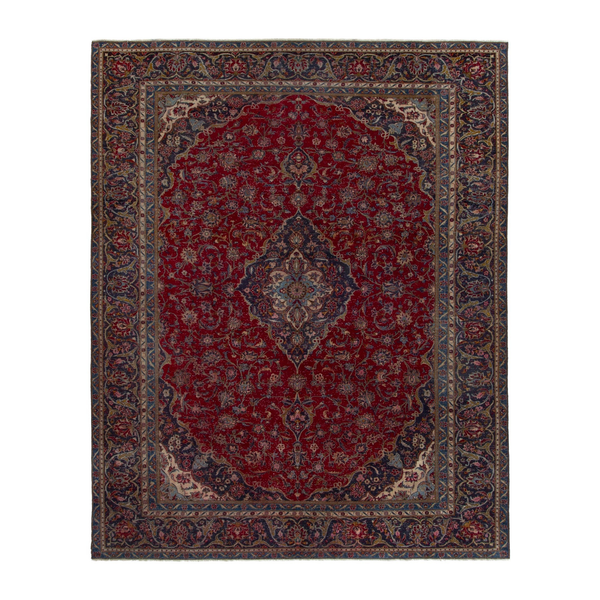 Persian Kashan oversized rug in deep red and dark blue, 9'4" x 12'2"