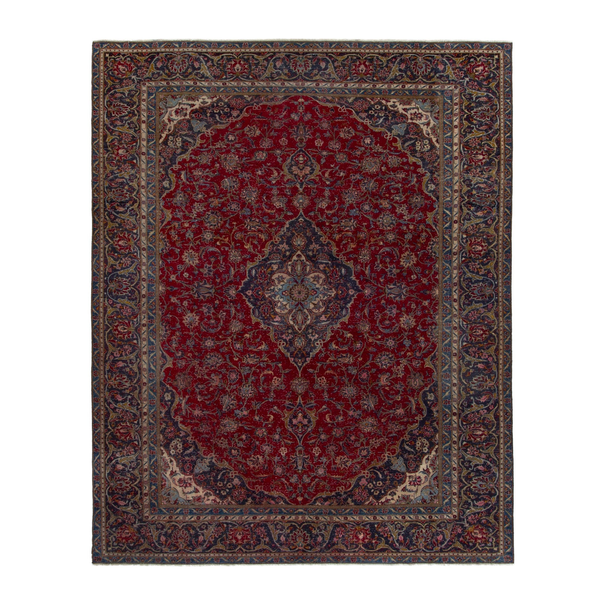Persian Kashan oversized rug in deep red and dark blue, 9'4" x 12'2"