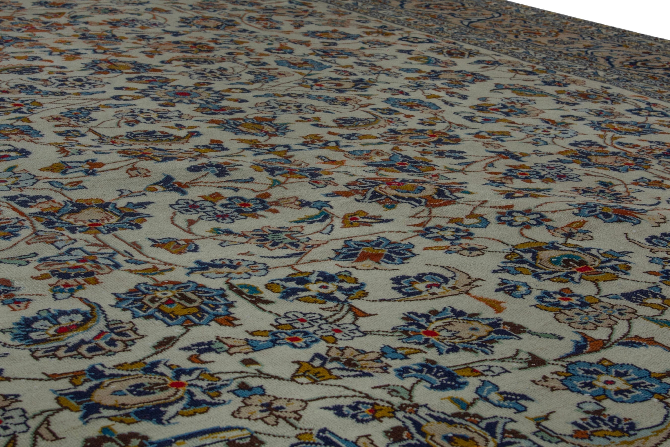 Persian Kashan oversized rug in cream and denim, view 8 of 19