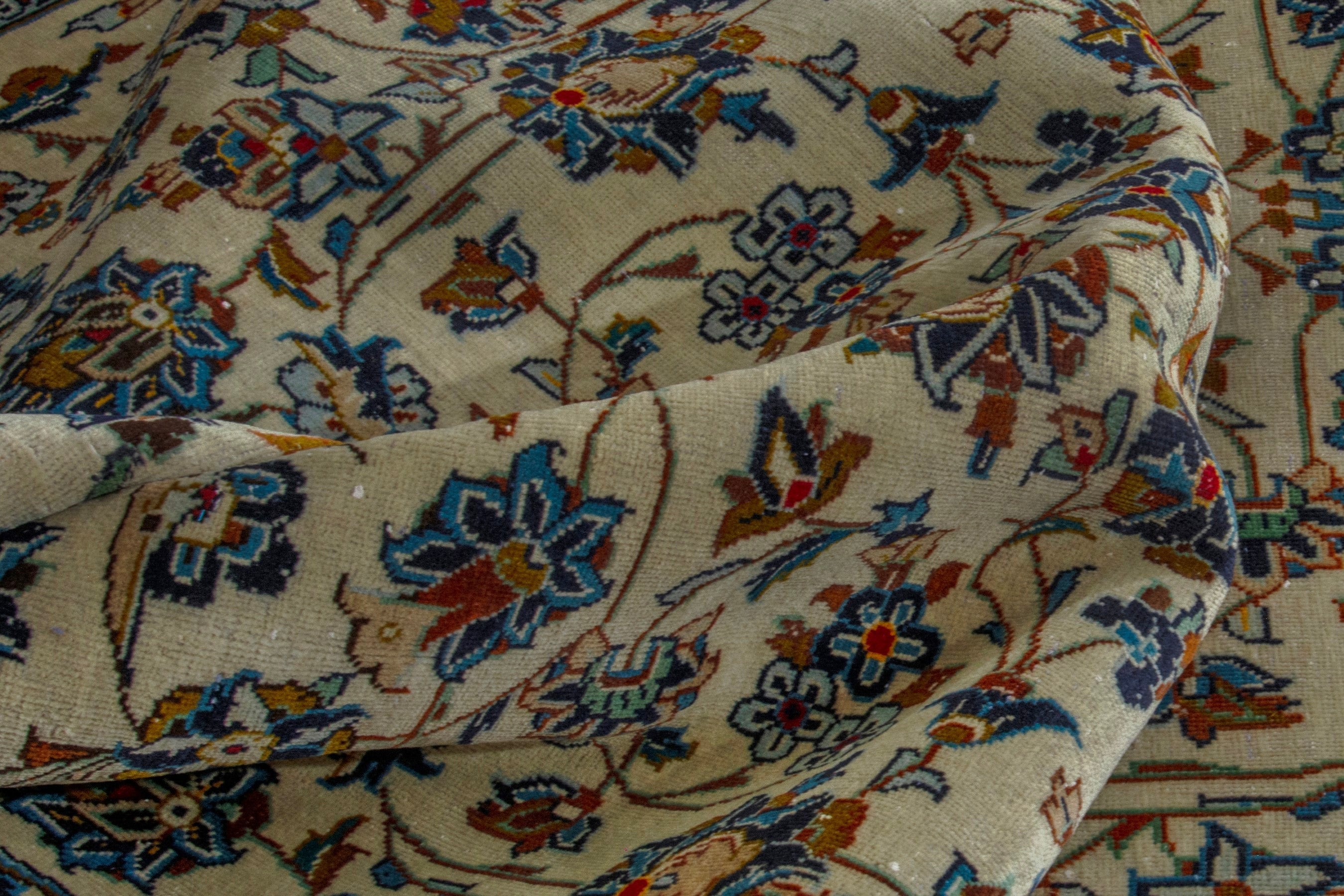 Persian Kashan oversized rug in cream and denim, view 15 of 19
