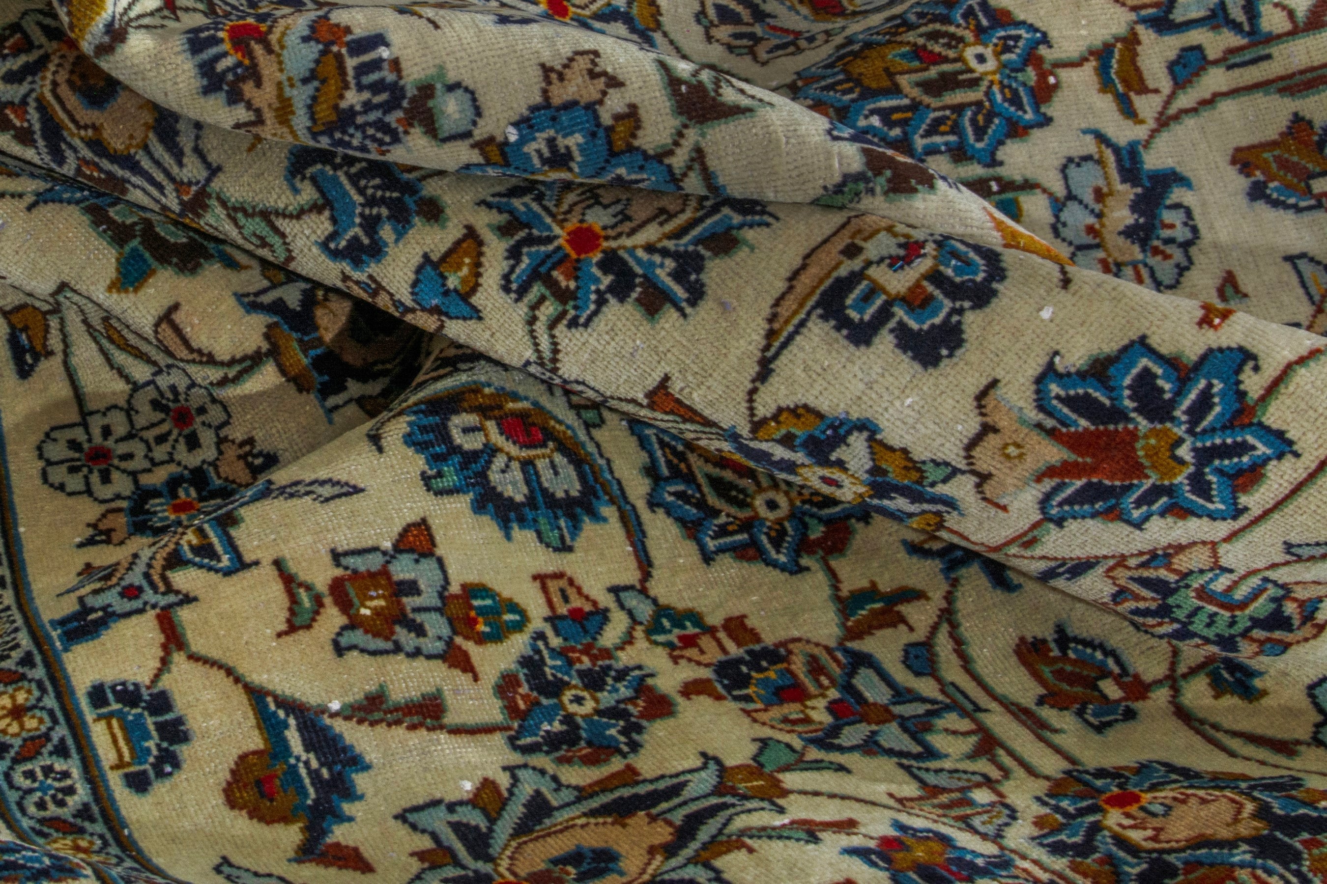 Persian Kashan oversized rug in cream and denim, view 16 of 19