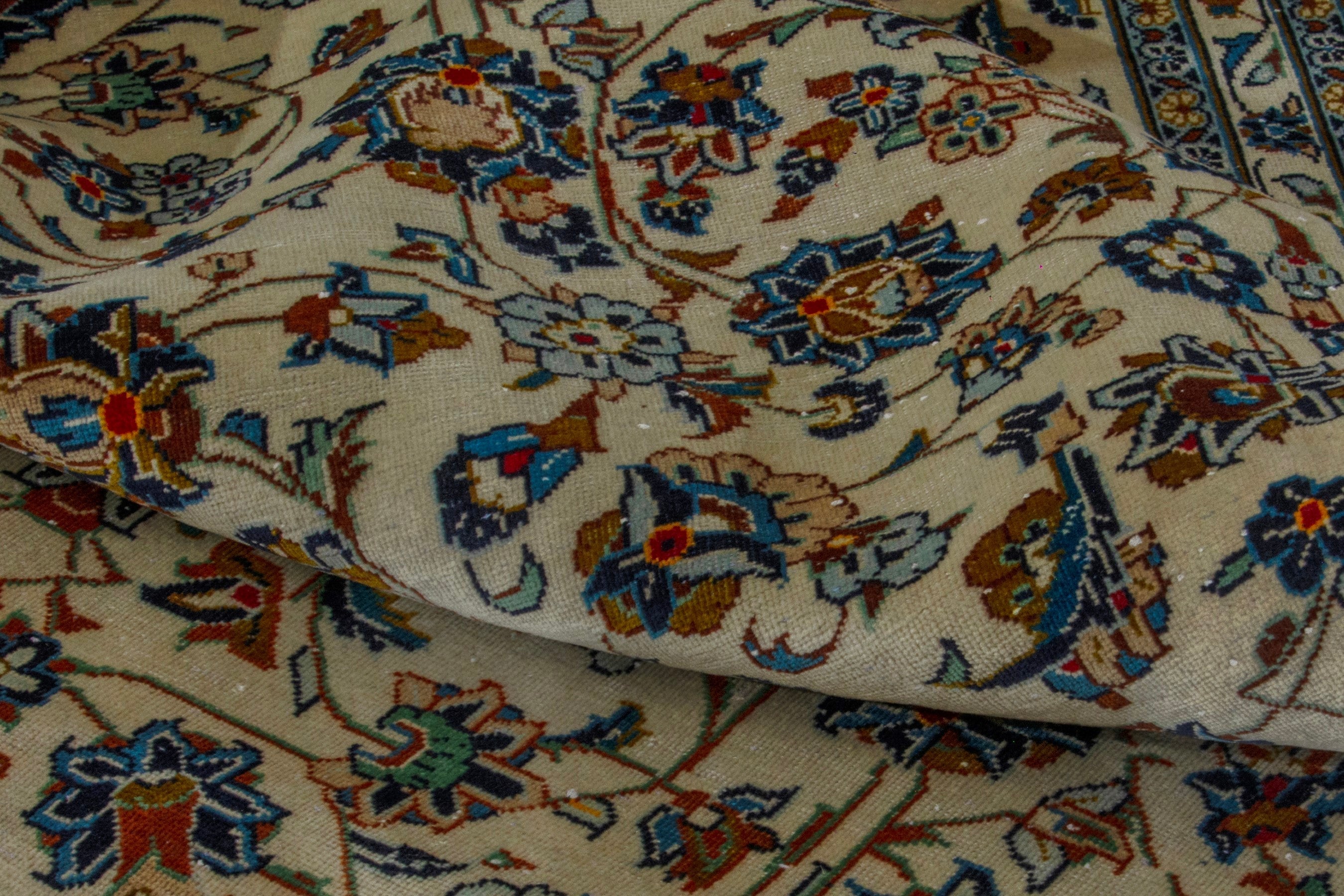 Persian Kashan oversized rug in cream and denim, view 17 of 19
