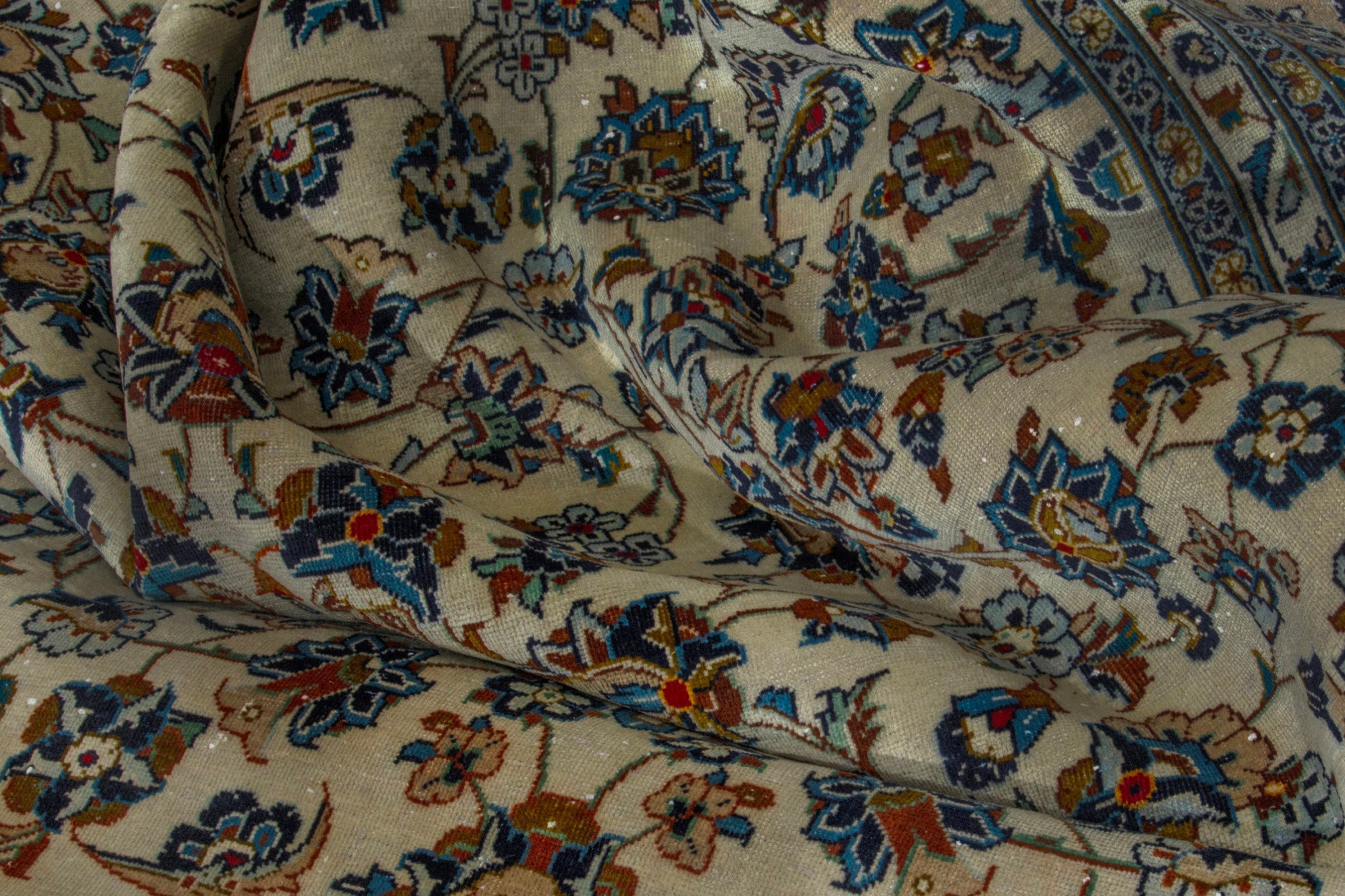 Persian Kashan oversized rug in cream and denim, view 18 of 19