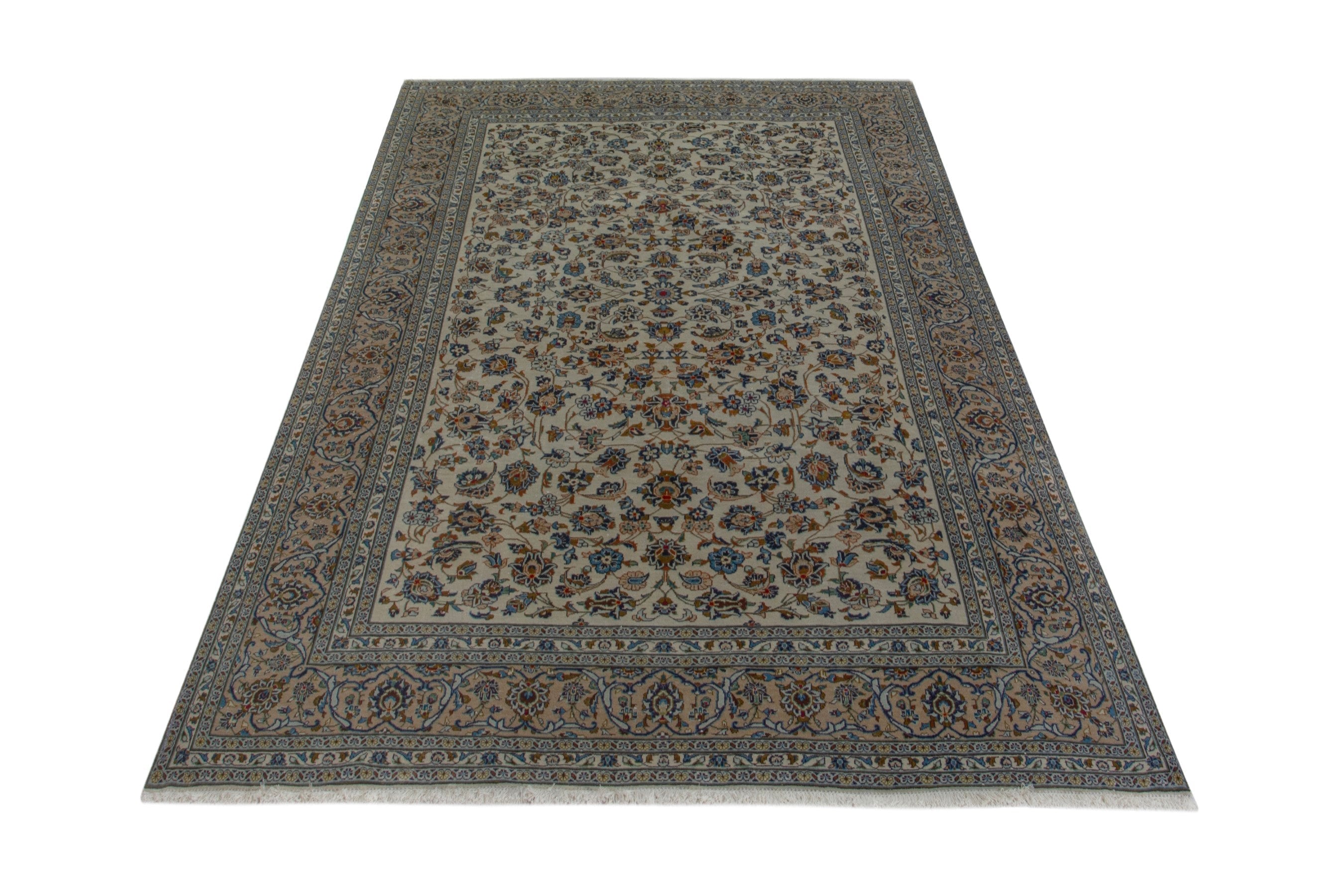 Persian Kashan oversized rug in cream and denim, view 2 of 19