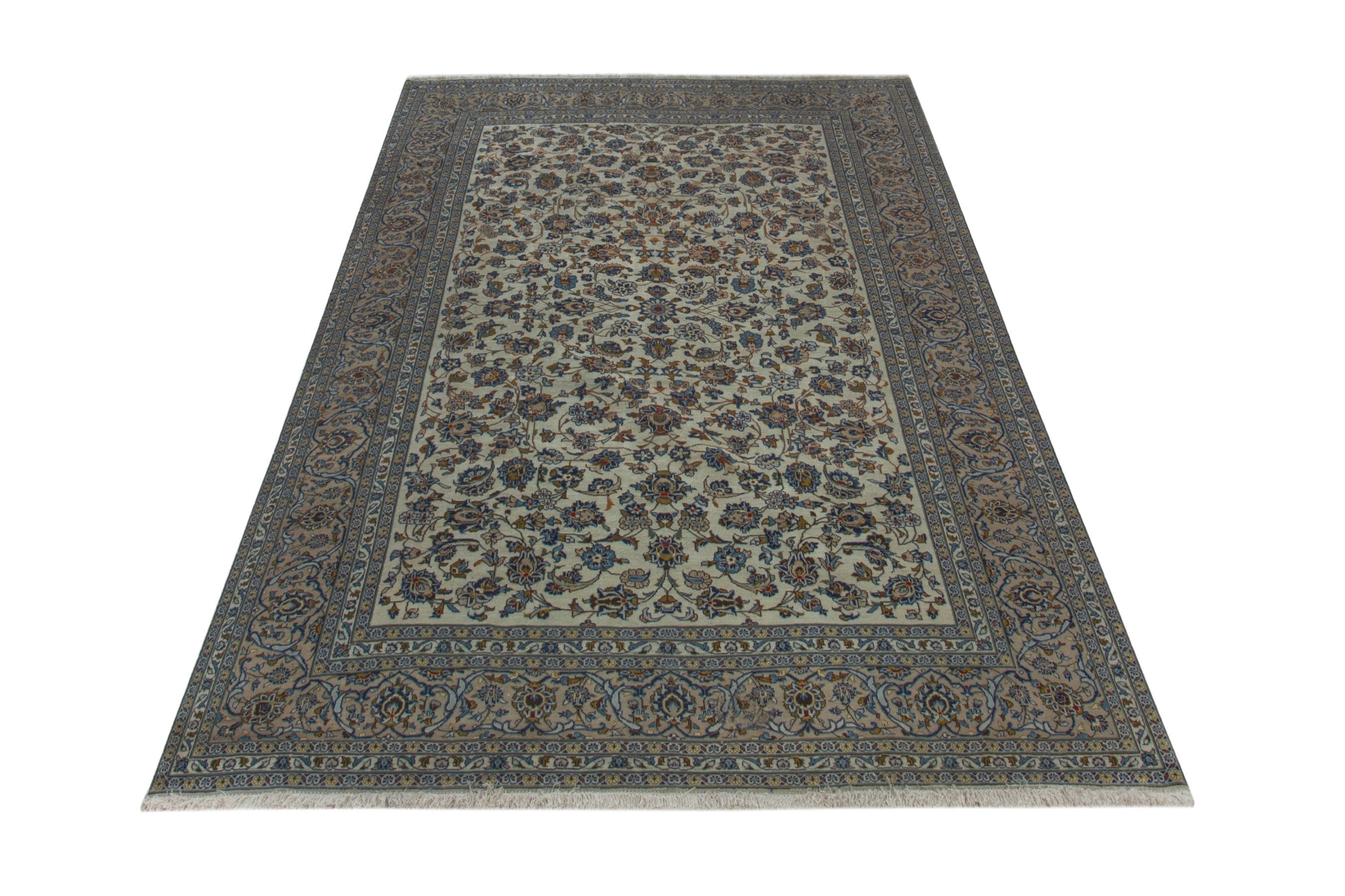 Persian Kashan oversized rug in cream and denim, view 3 of 19