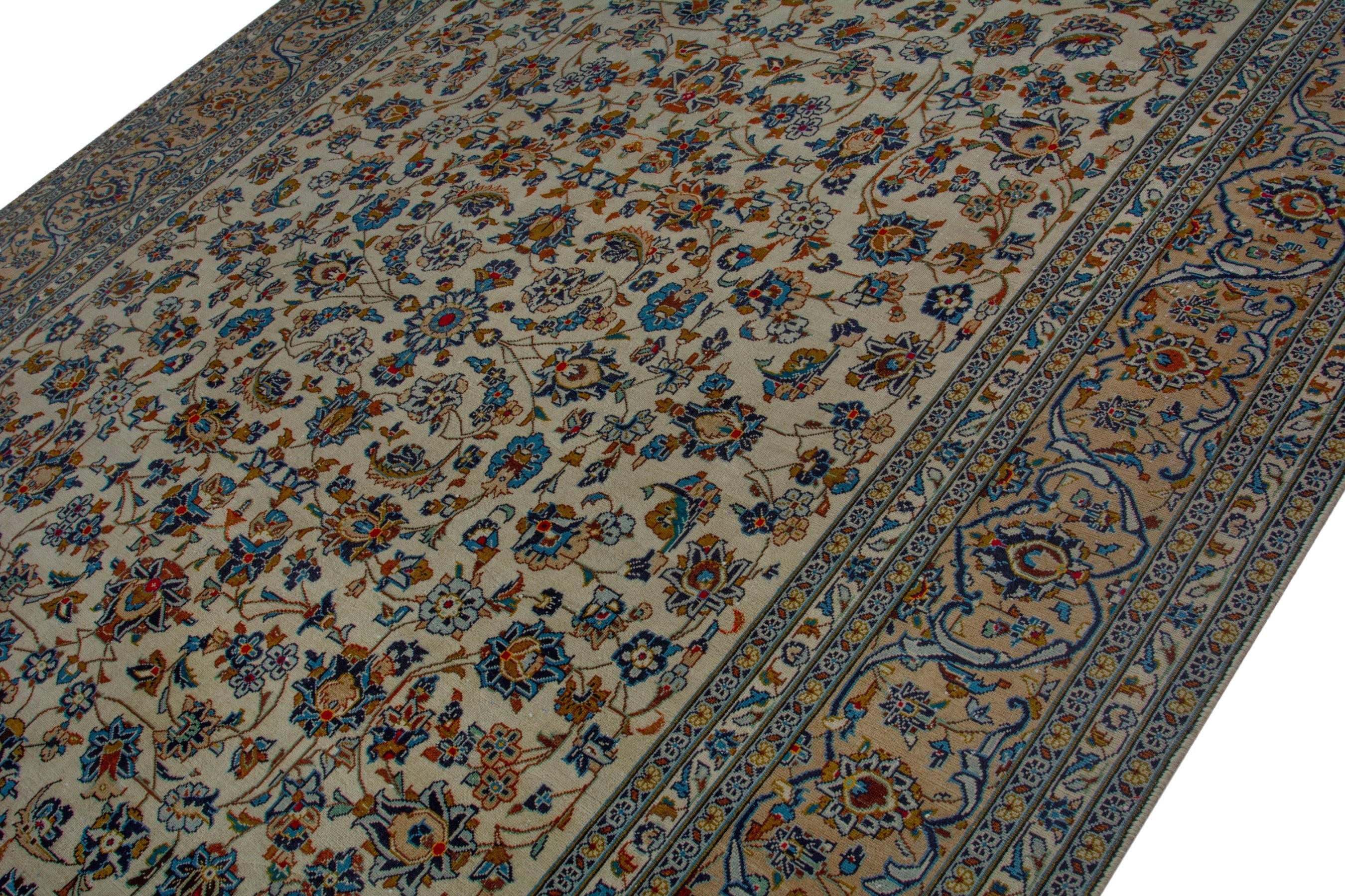 Persian Kashan oversized rug in cream and denim, view 4 of 19
