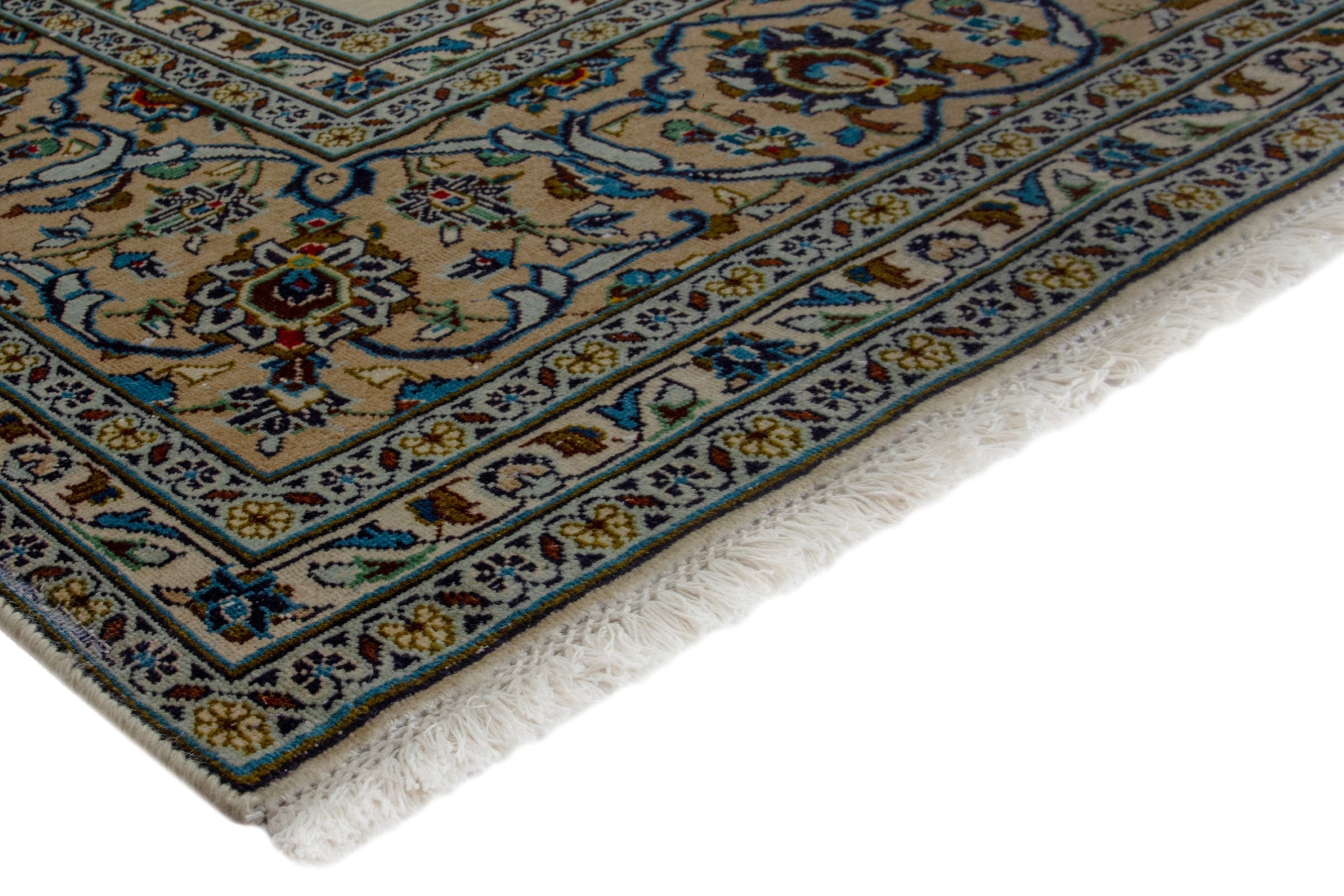 Persian Kashan oversized rug in cream and denim, view 5 of 19