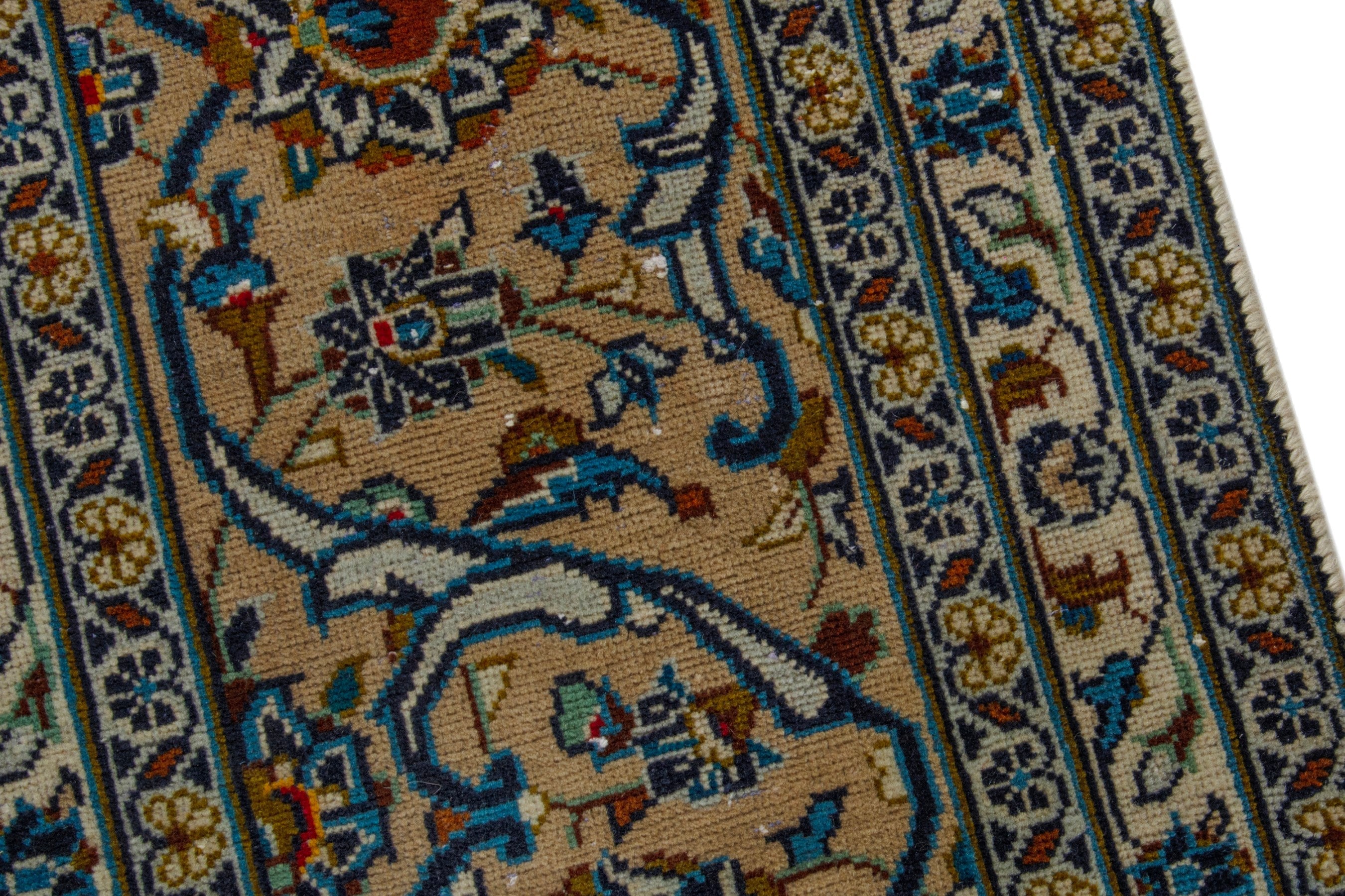 Persian Kashan oversized rug in cream and denim, view 9 of 19