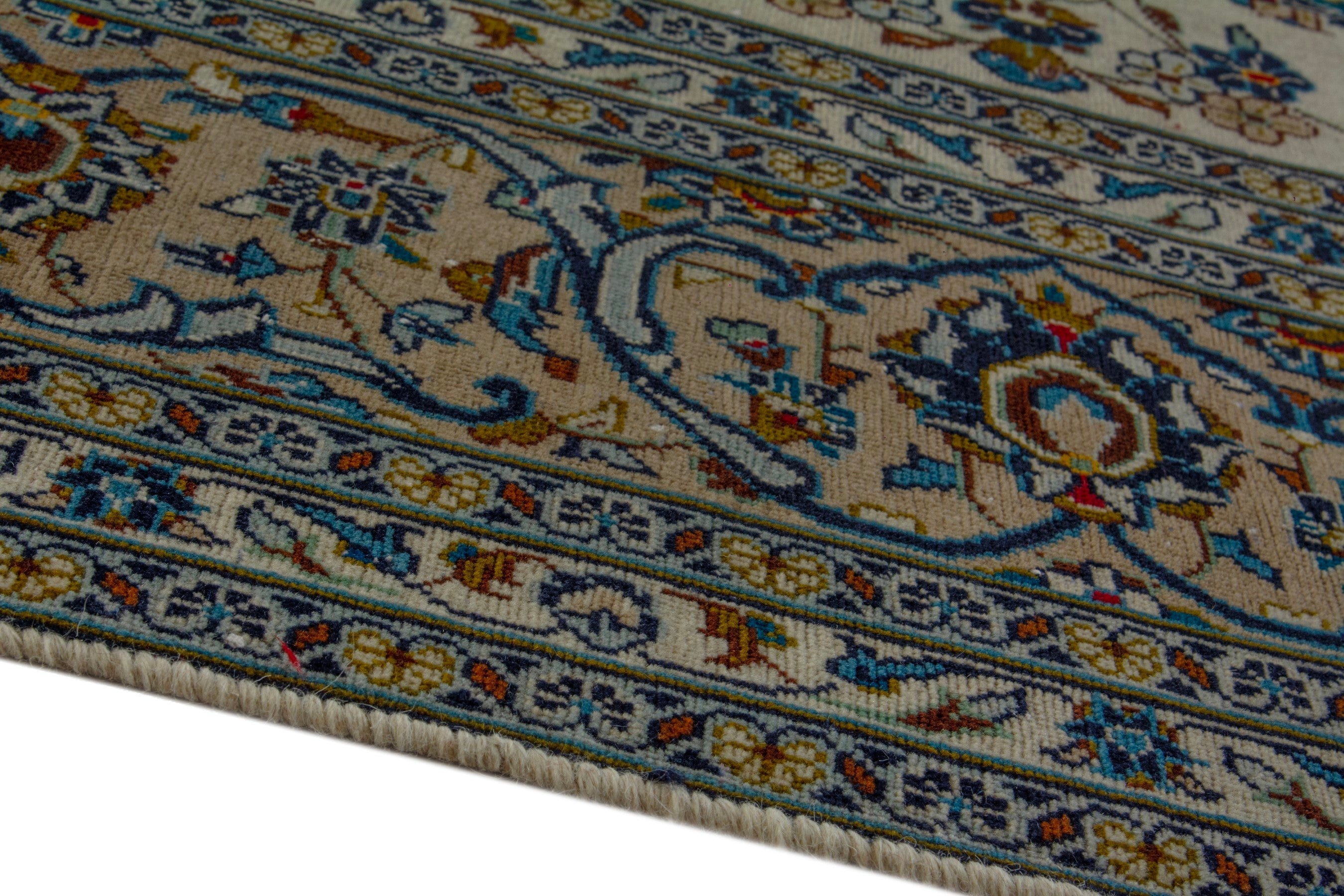 Persian Kashan oversized rug in cream and denim, view 6 of 19
