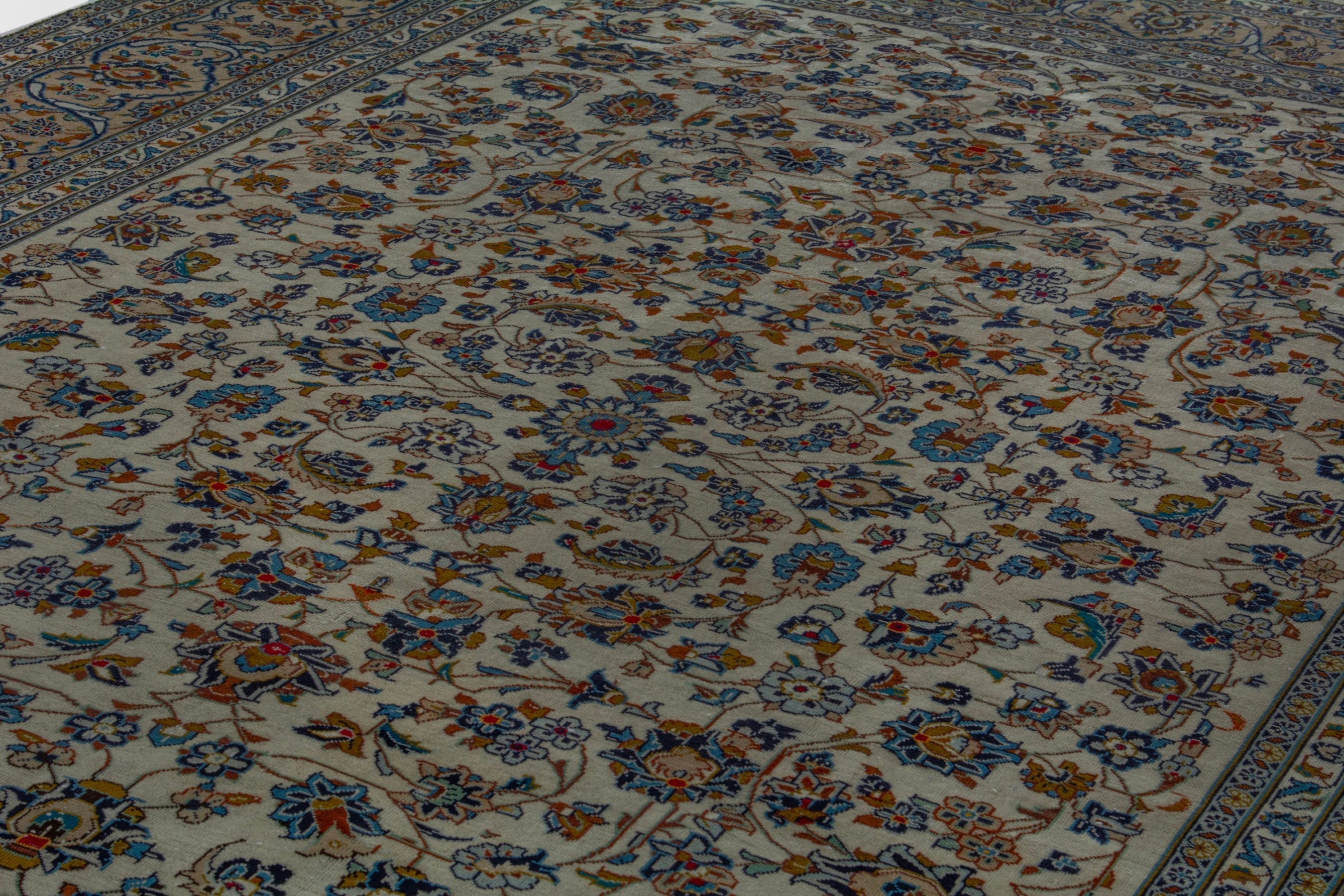 Persian Kashan oversized rug in cream and denim, view 7 of 19