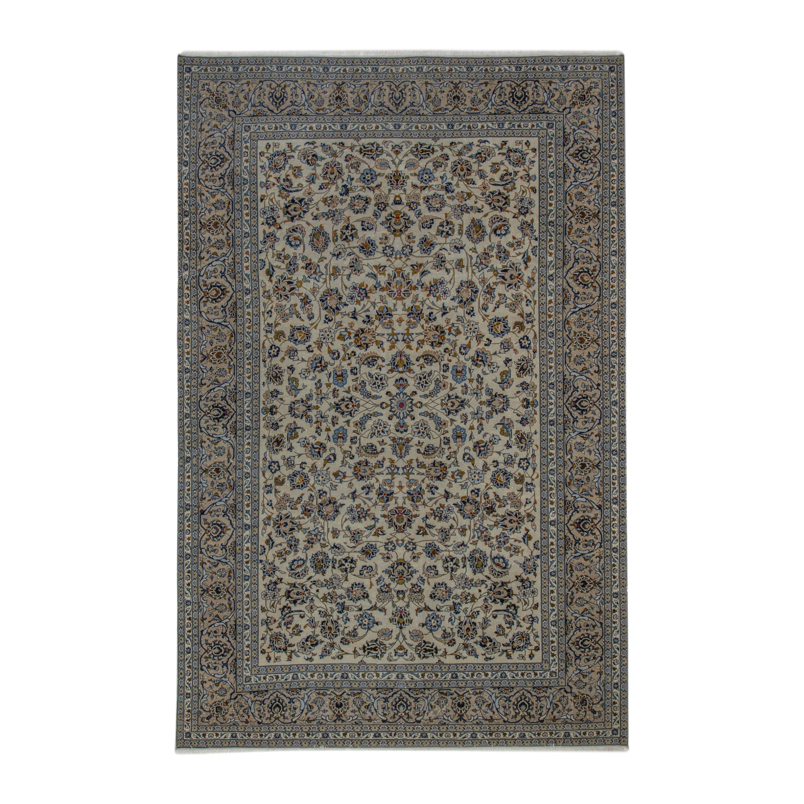 Persian Kashan oversized rug in cream and denim, 8' x 12'2"