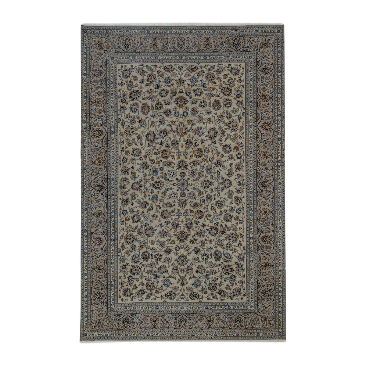 Persian Kashan oversized rug in cream and denim, 8' x 12'2"