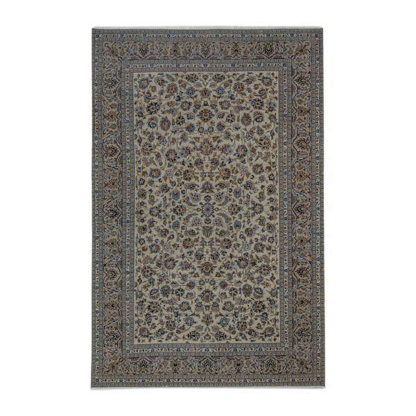 Persian Kashan oversized rug in cream and denim, 8' x 12'2"