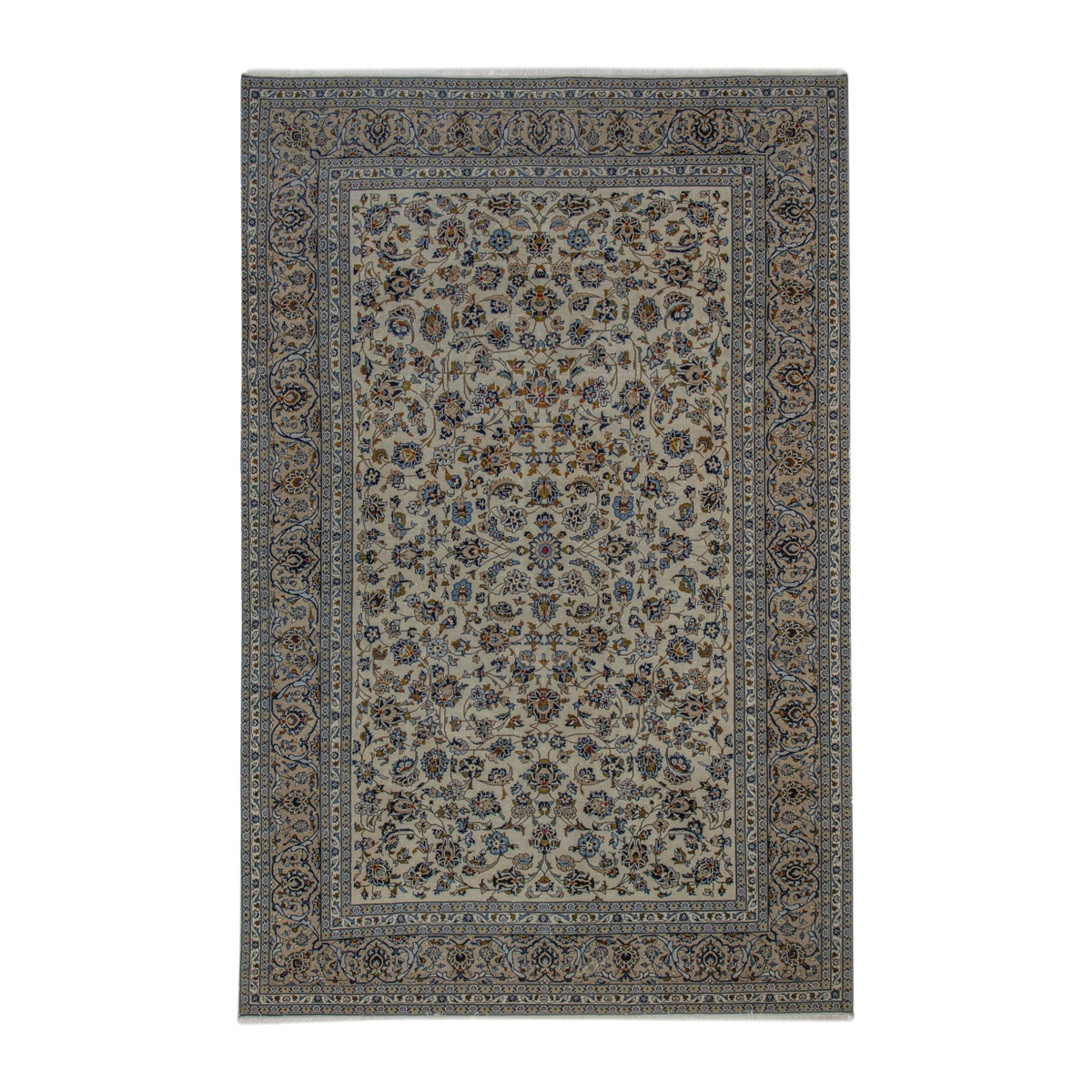 Persian Kashan oversized rug in cream and denim, 8' x 12'2"