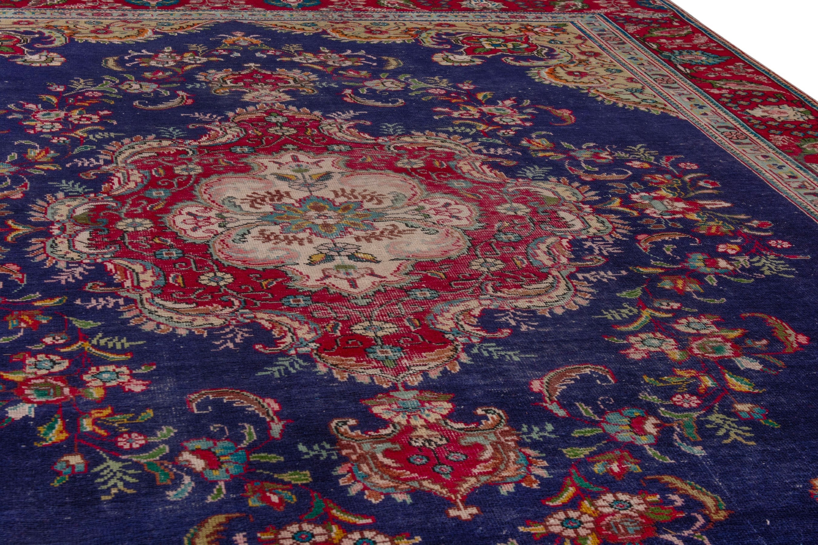 Persian Tabriz area rug in navy and burgundy, view 8 of 20