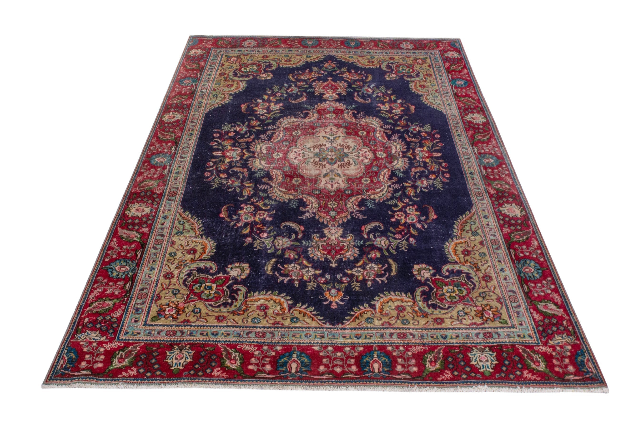 Persian Tabriz area rug in navy and burgundy, view 2 of 20