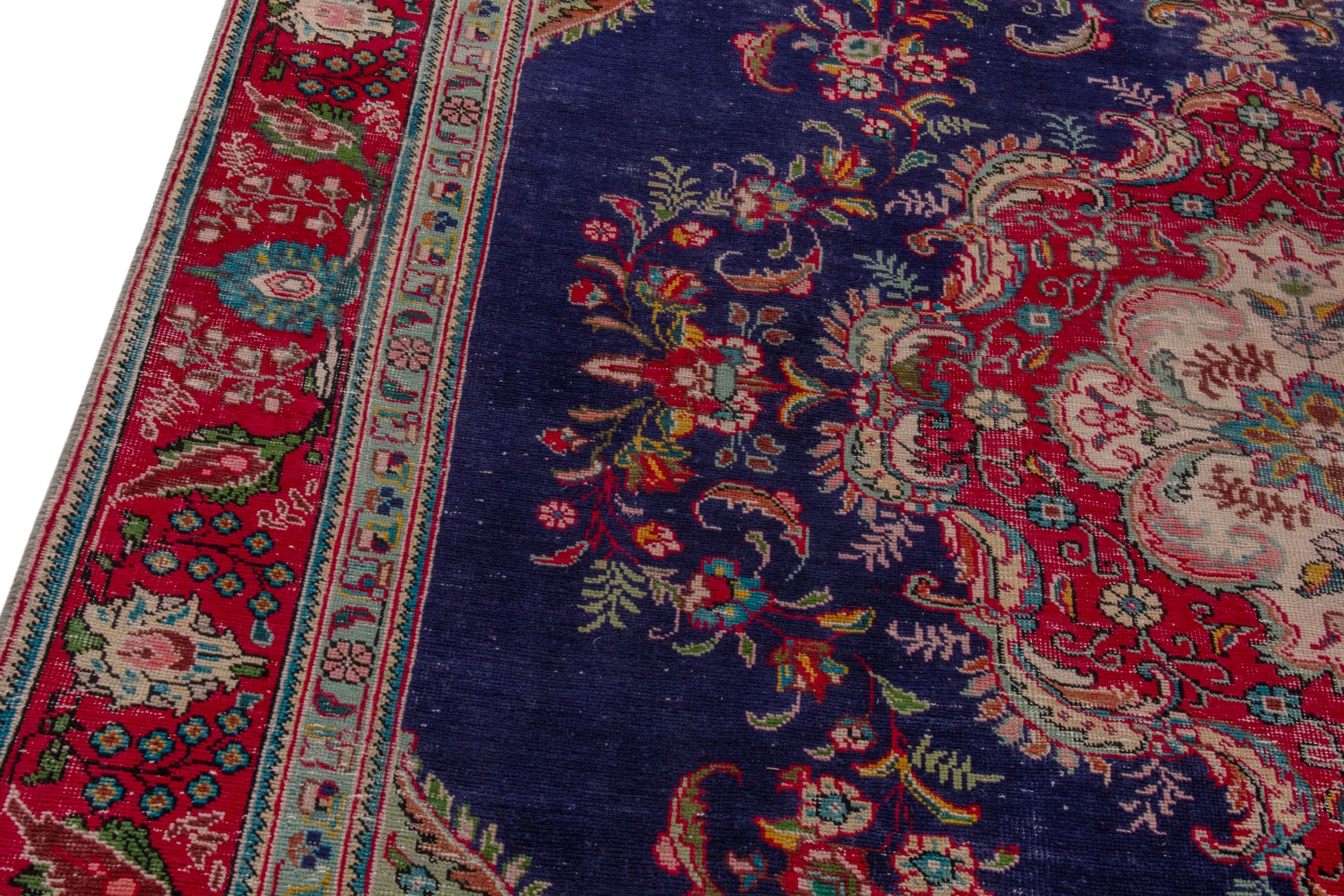 Persian Tabriz area rug in navy and burgundy, view 9 of 20
