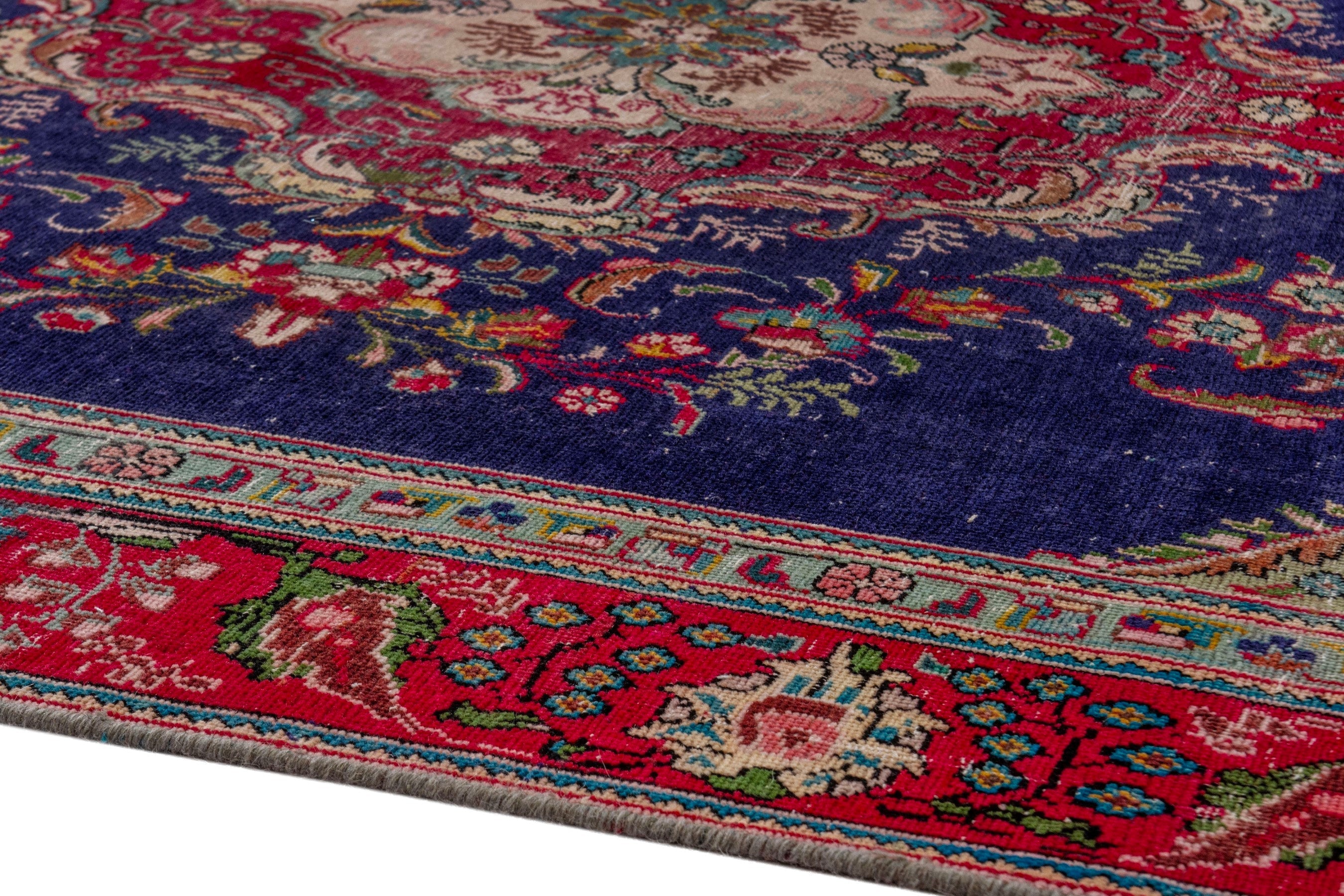 Persian Tabriz area rug in navy and burgundy, view 6 of 20
