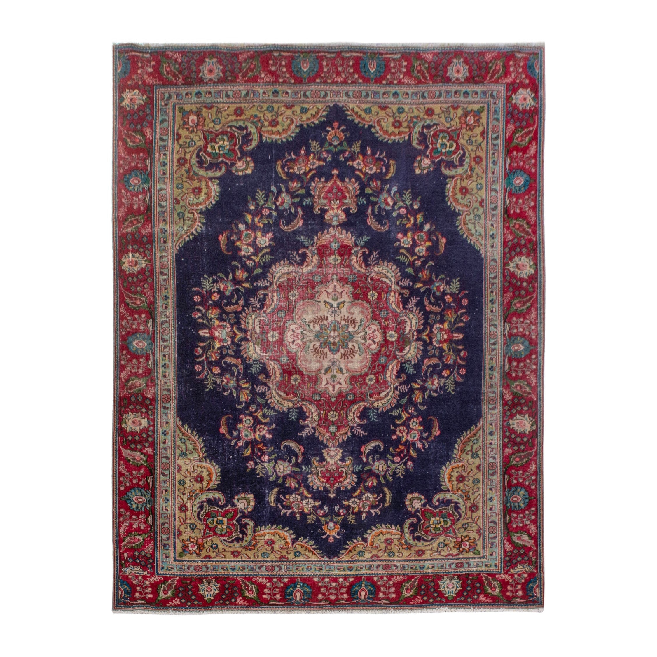 Persian Tabriz area rug in navy and burgundy, 7'6" x 10'3"
