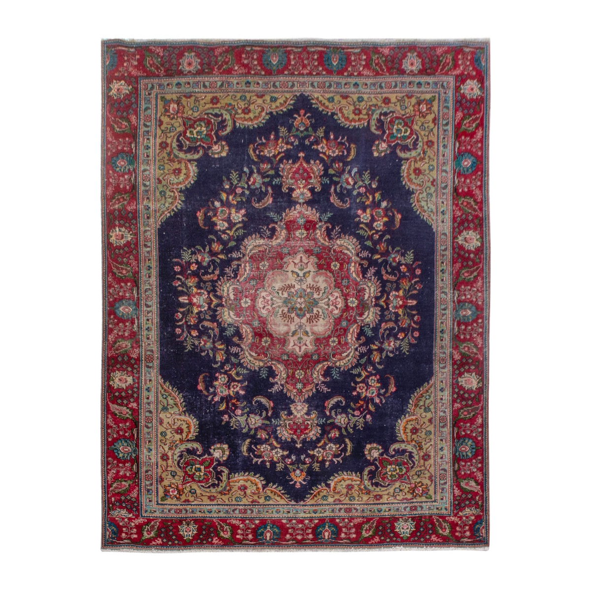 Persian Tabriz area rug in navy and burgundy, 7'6" x 10'3"