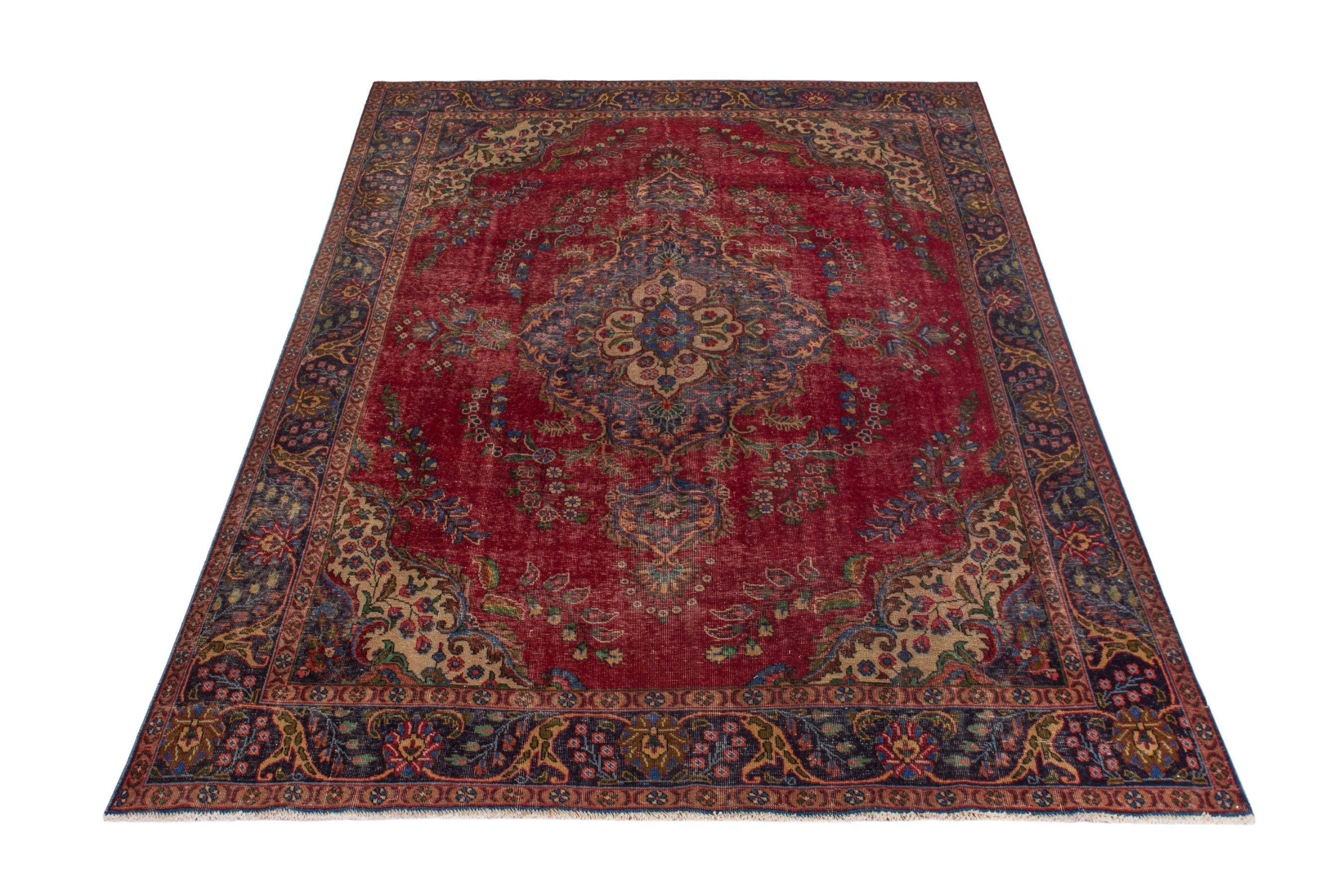 Persian Tabriz oversized rug in deep red and denim, view 3 of 22