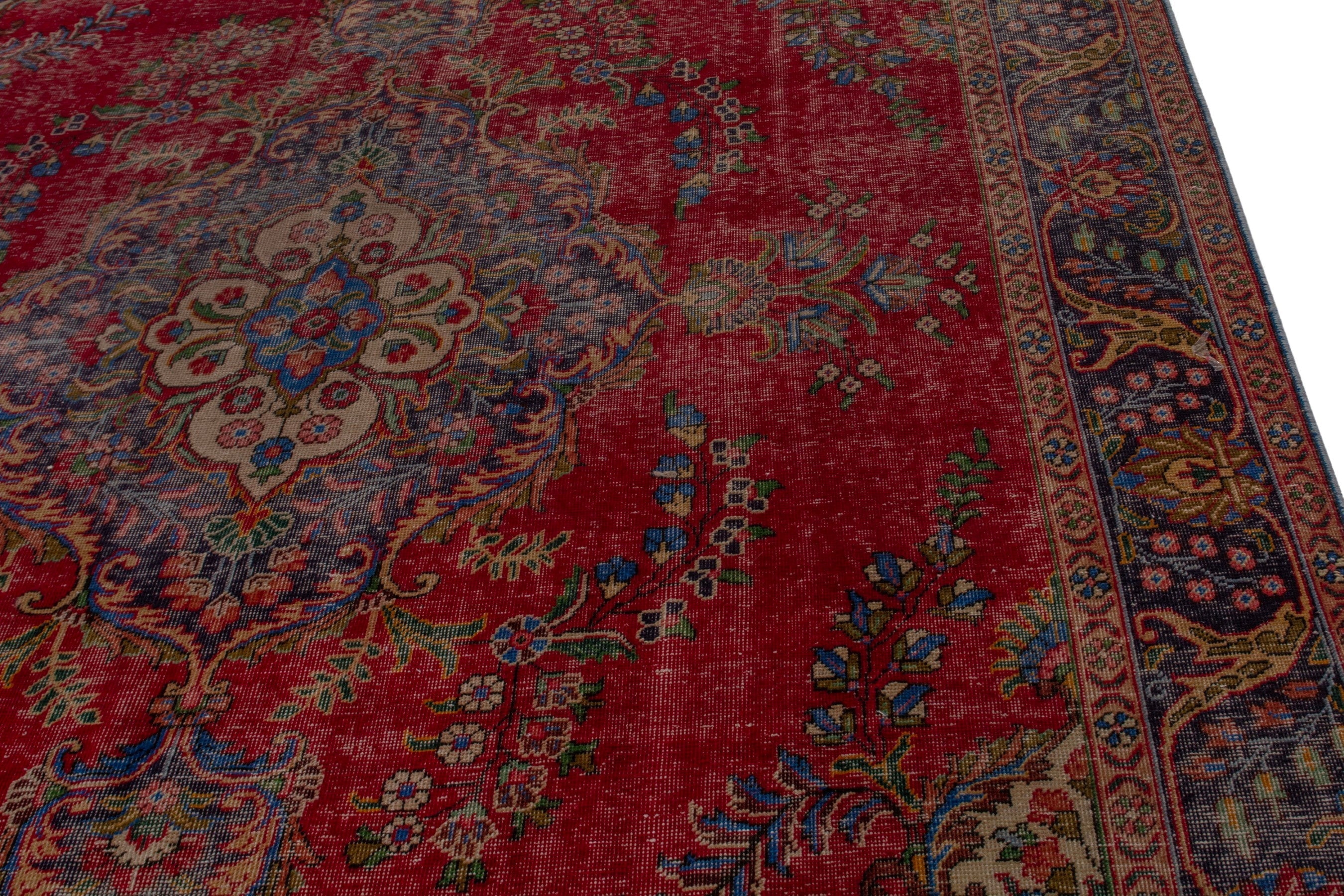 Persian Tabriz oversized rug in deep red and denim, view 9 of 22