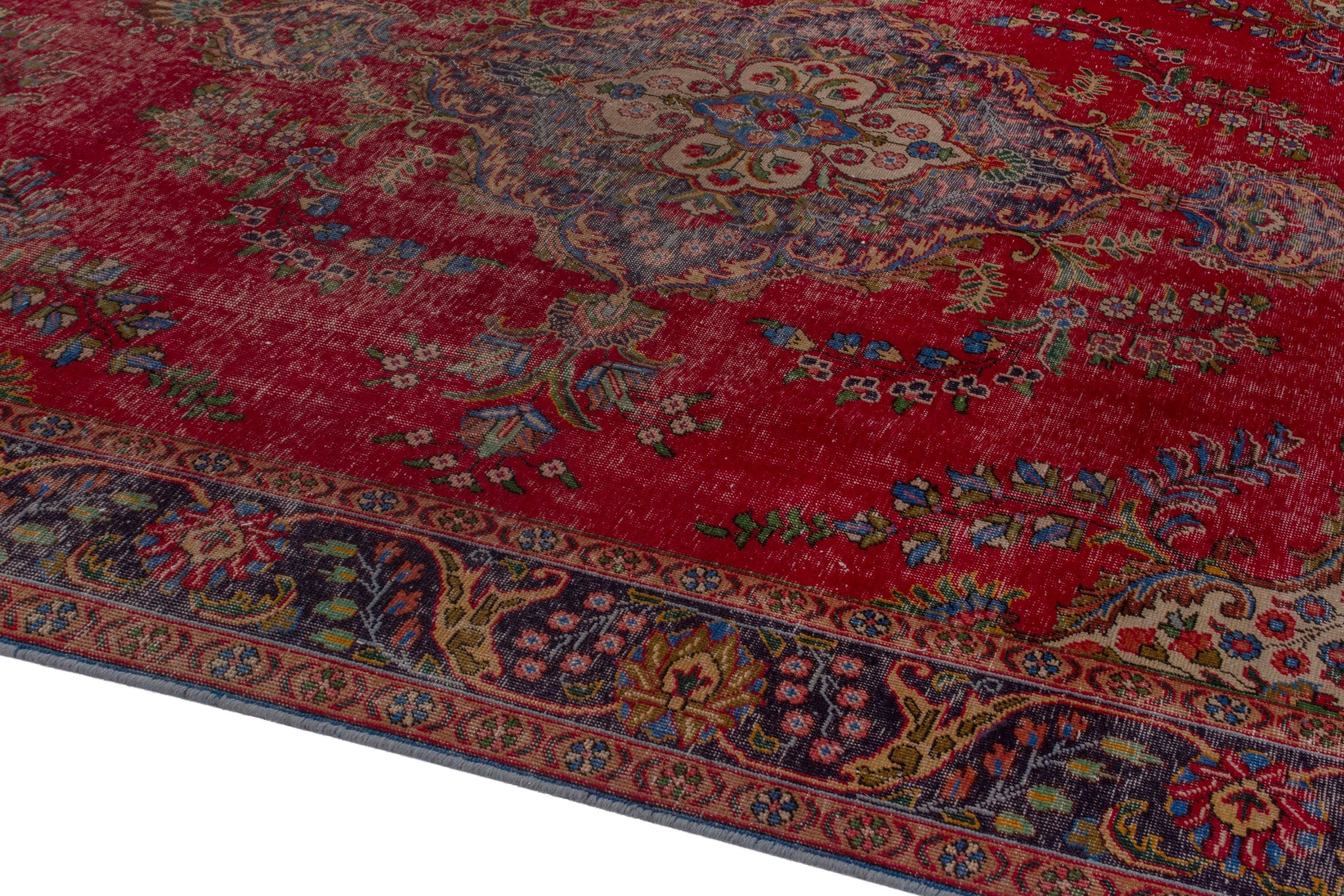Persian Tabriz oversized rug in deep red and denim, view 6 of 22