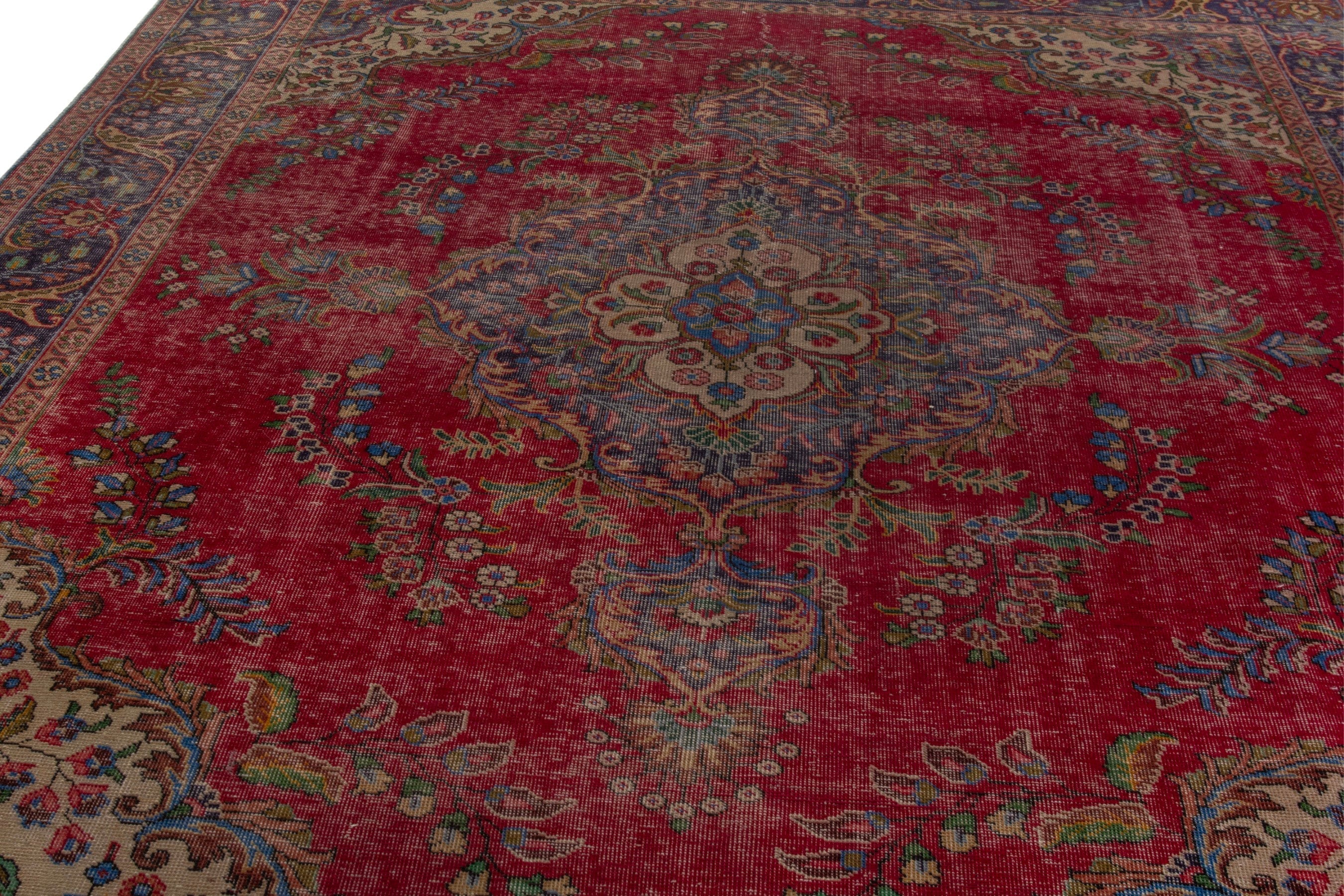 Persian Tabriz oversized rug in deep red and denim, view 7 of 22