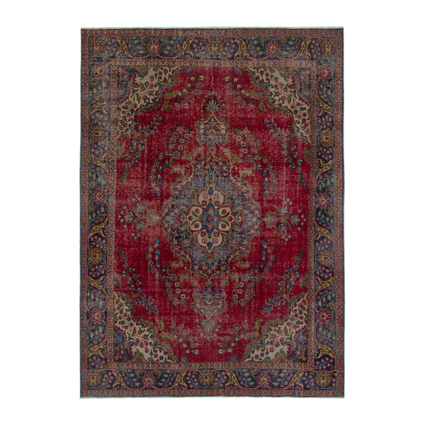 Persian Tabriz oversized rug in deep red and denim, 8' x 11'6"